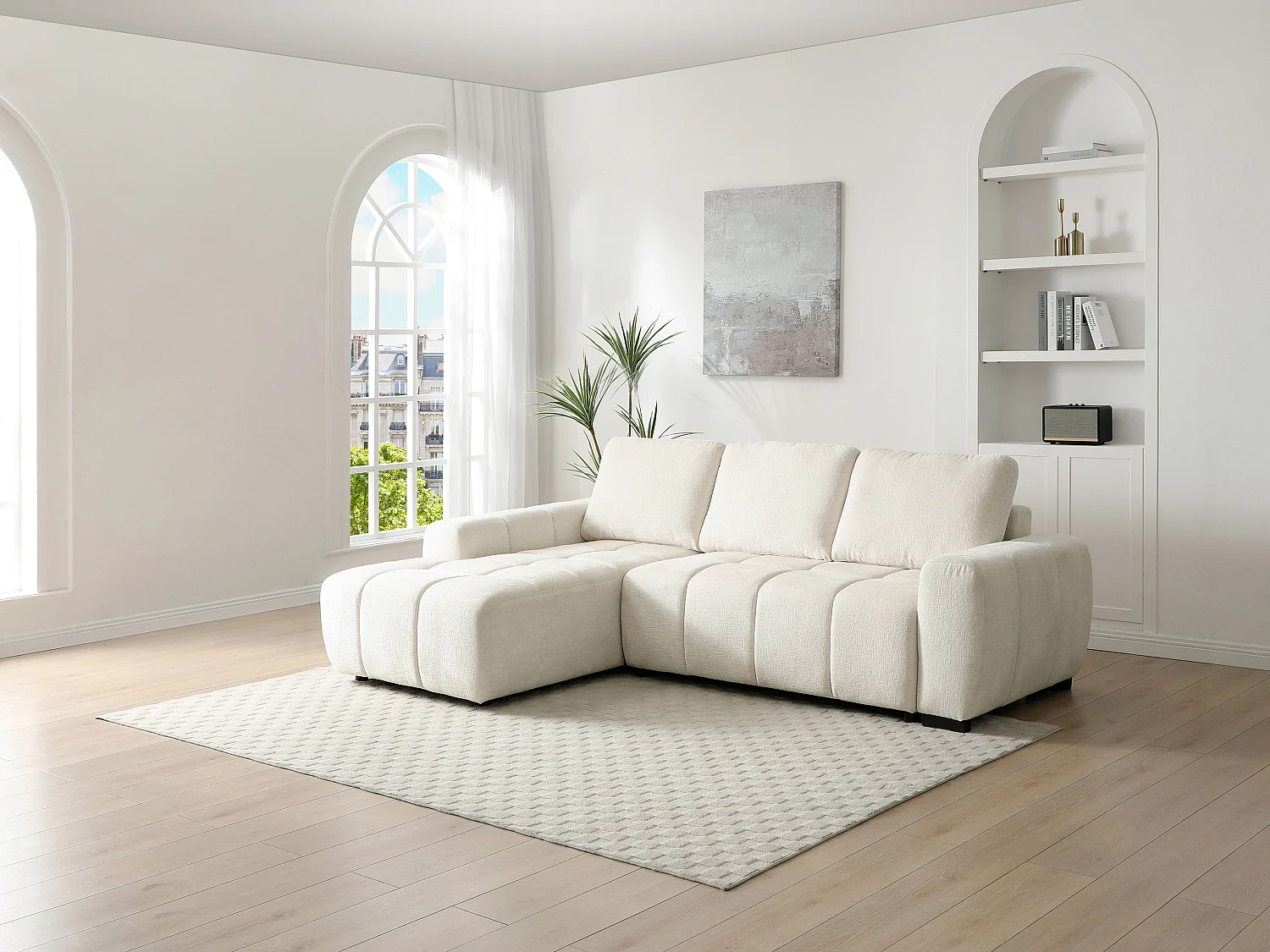 Canapé d'angle gauche convertible en tissu chenille beige KOUMALO