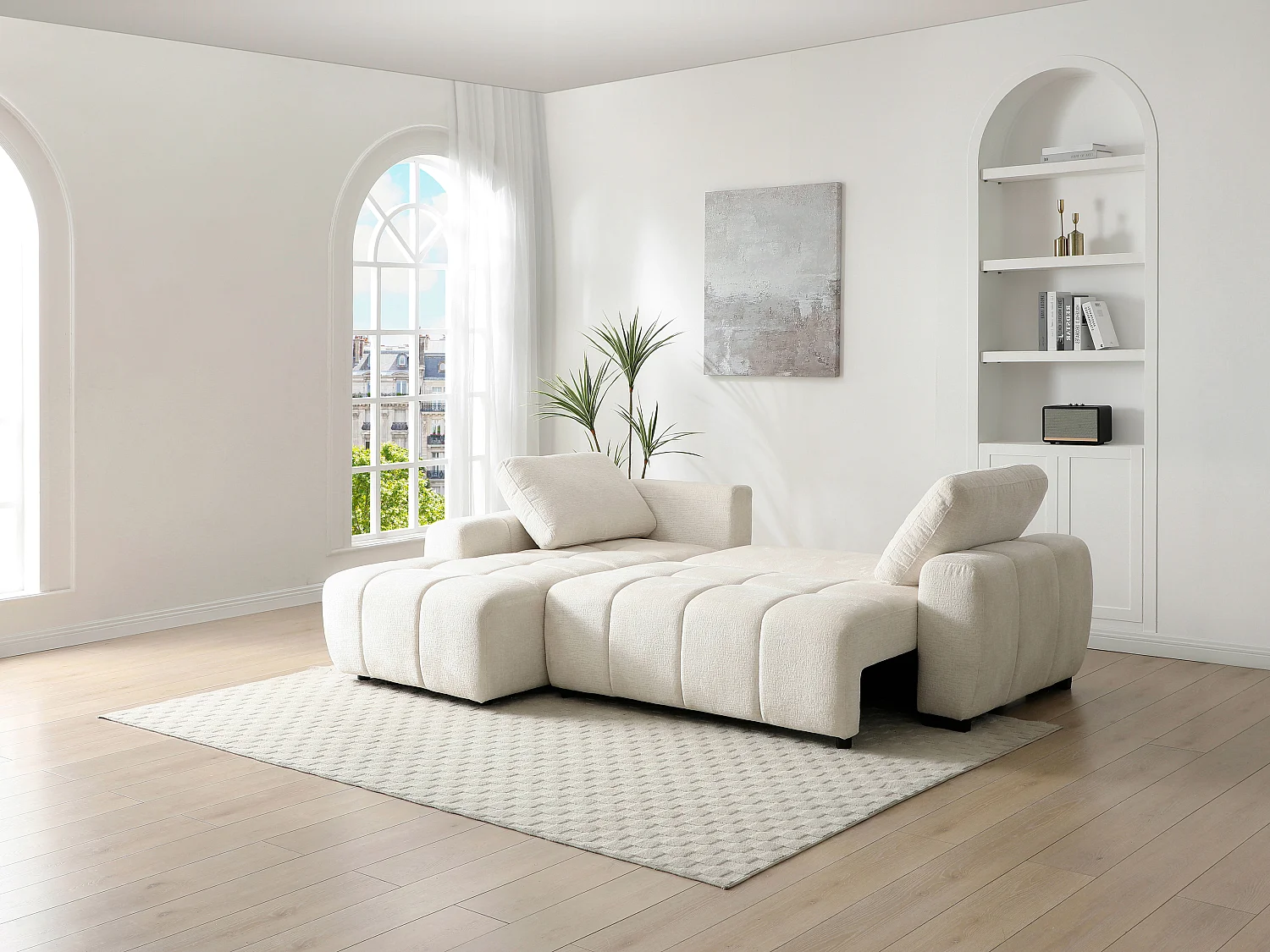 Canapé d'angle gauche convertible en tissu chenille beige KOUMALO