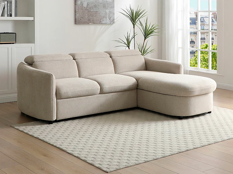 Uitklapbare hoekbank met hoek rechts in beige stof - RAVIELA