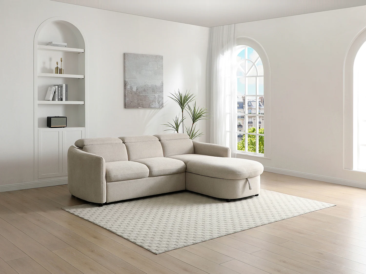 Sofá rinconera derecha convertible de tela beige RAVIELA