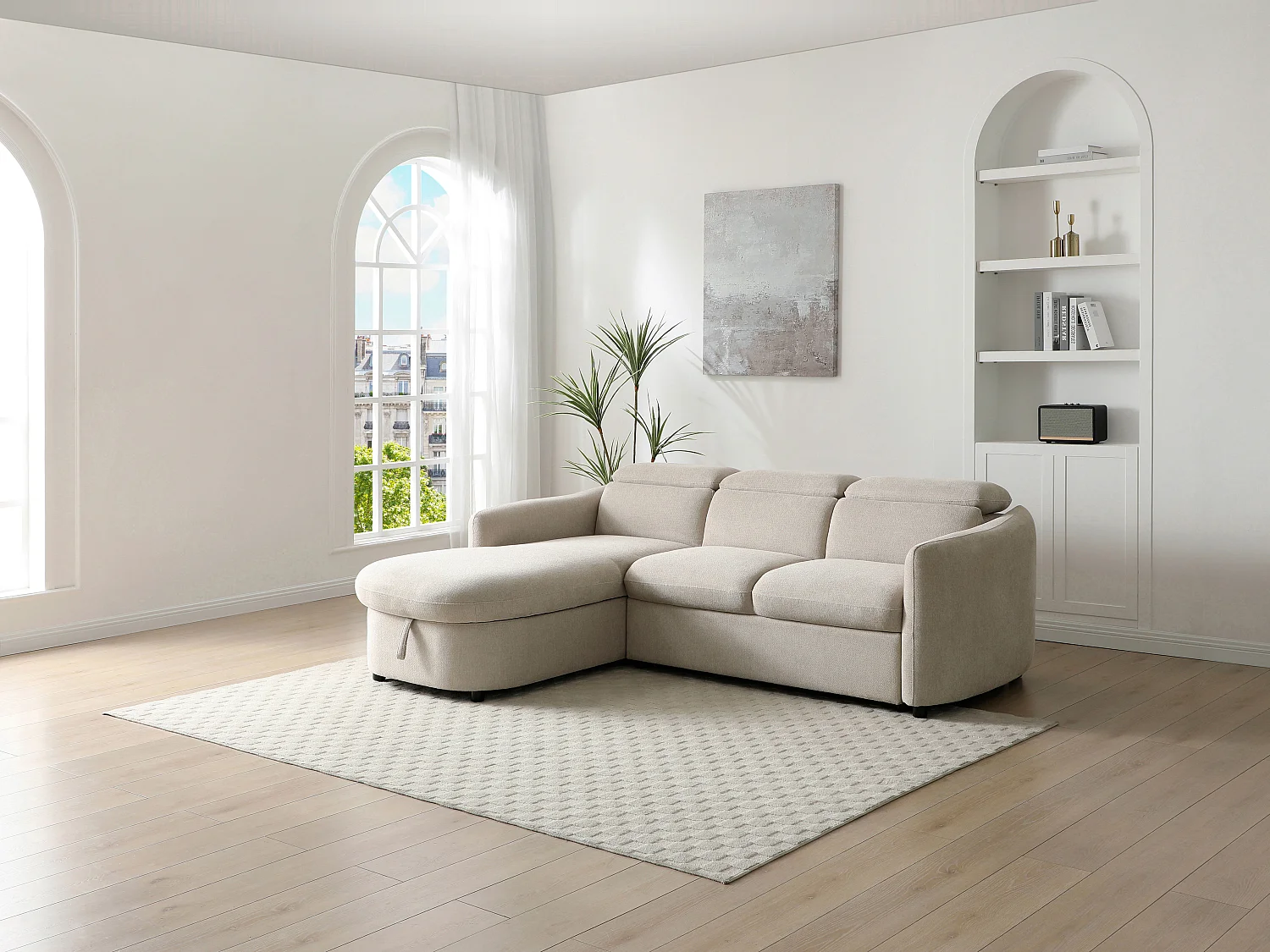 Sofá rinconera izquierda convertible de tela beige RAVIELA