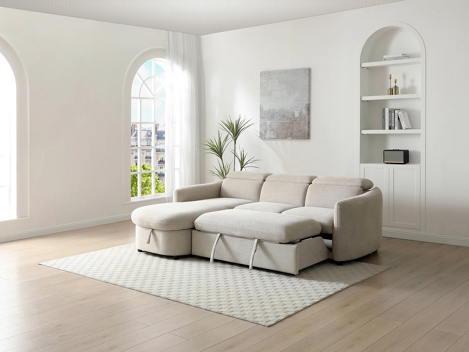 Canapé d'angle gauche convertible en tissu beige RAVIELA