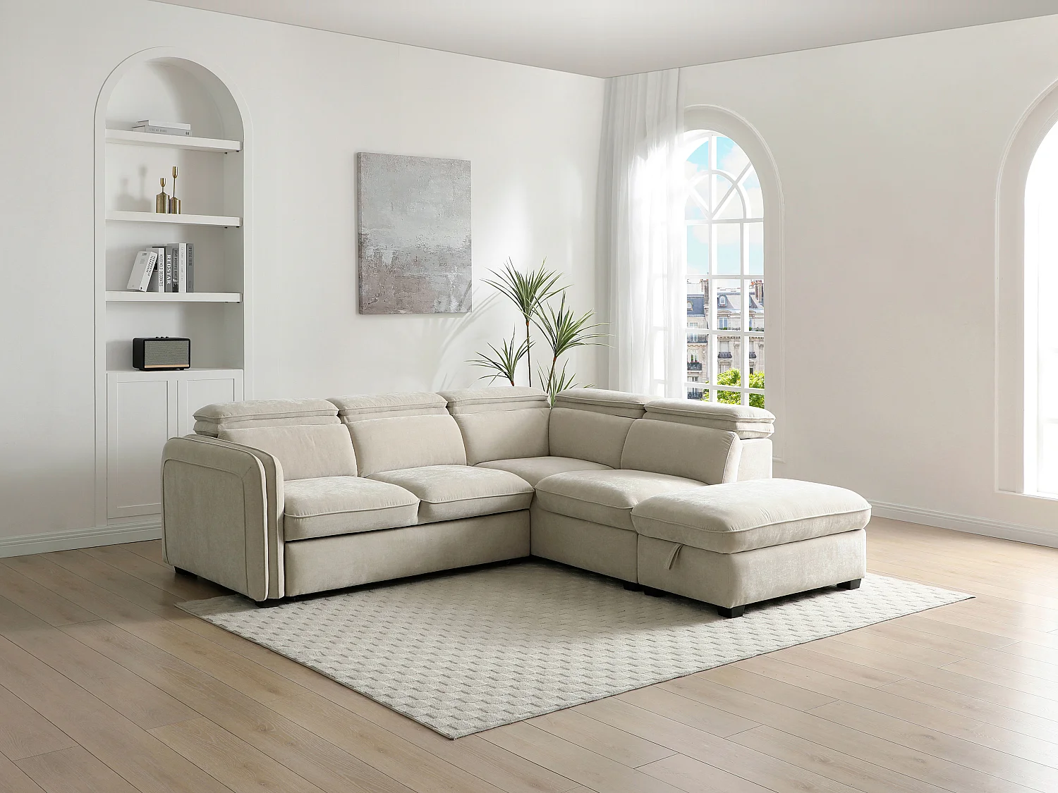 Canapé d'angle droit convertible et pouf en tissu beige BALOTIA