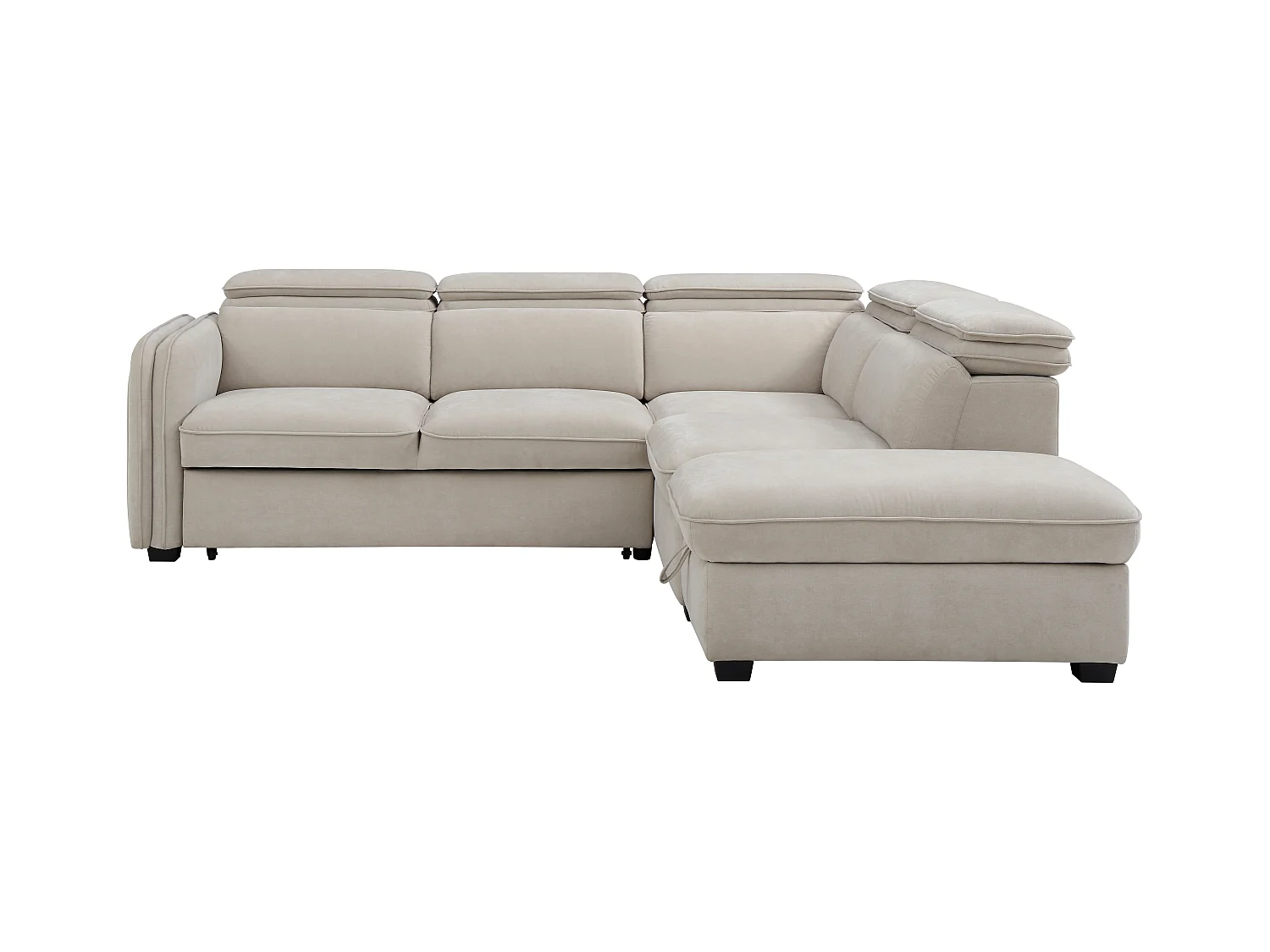 Slaapbank met hoek rechts en poef in beige stof - BALOTIA