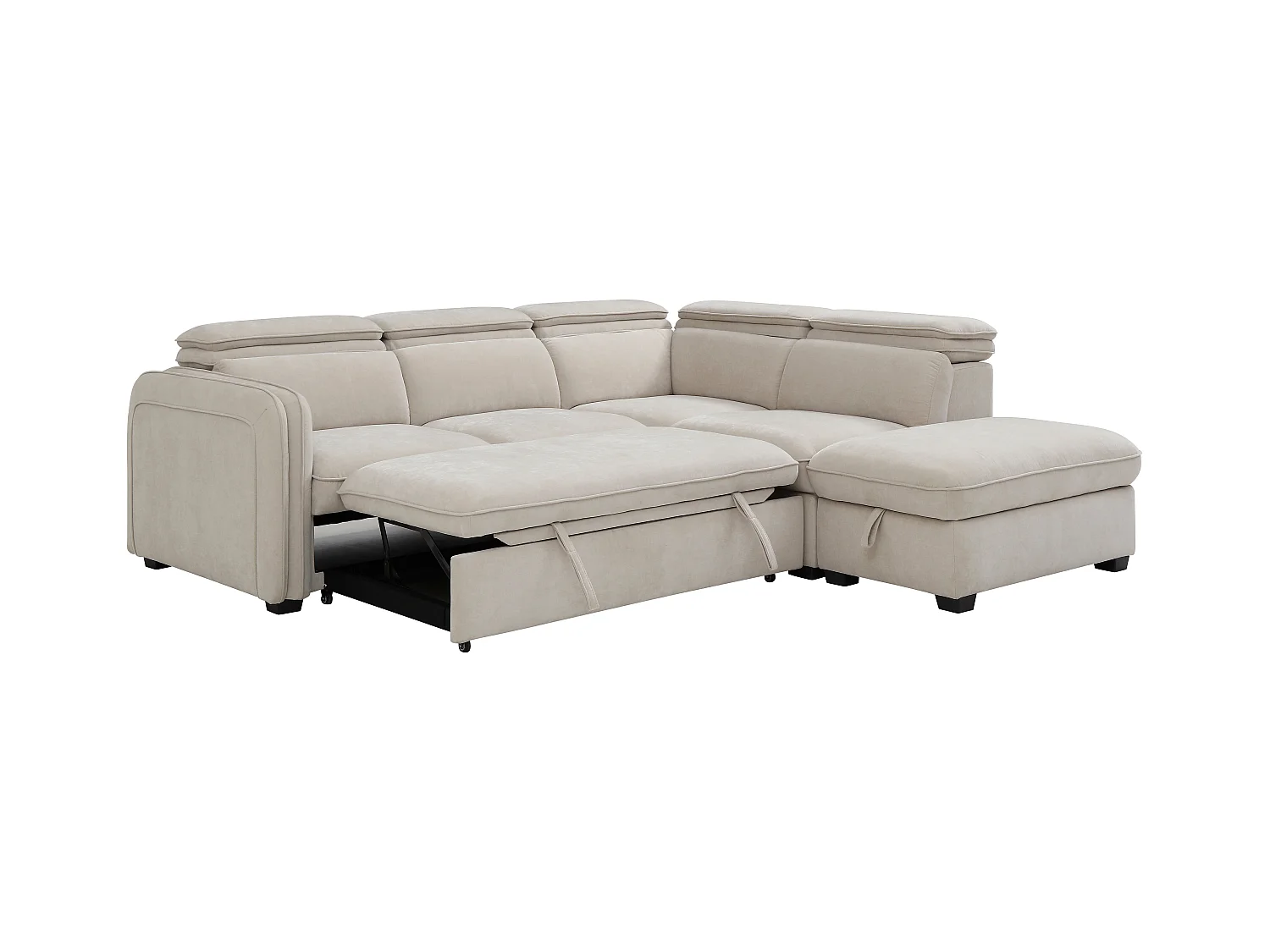 Slaapbank met hoek rechts en poef in beige stof - BALOTIA