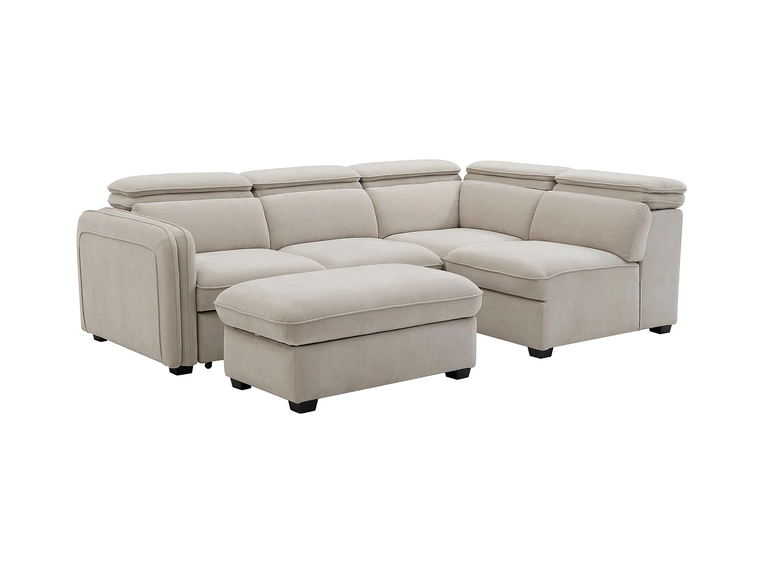 Slaapbank met hoek rechts en poef in beige stof - BALOTIA