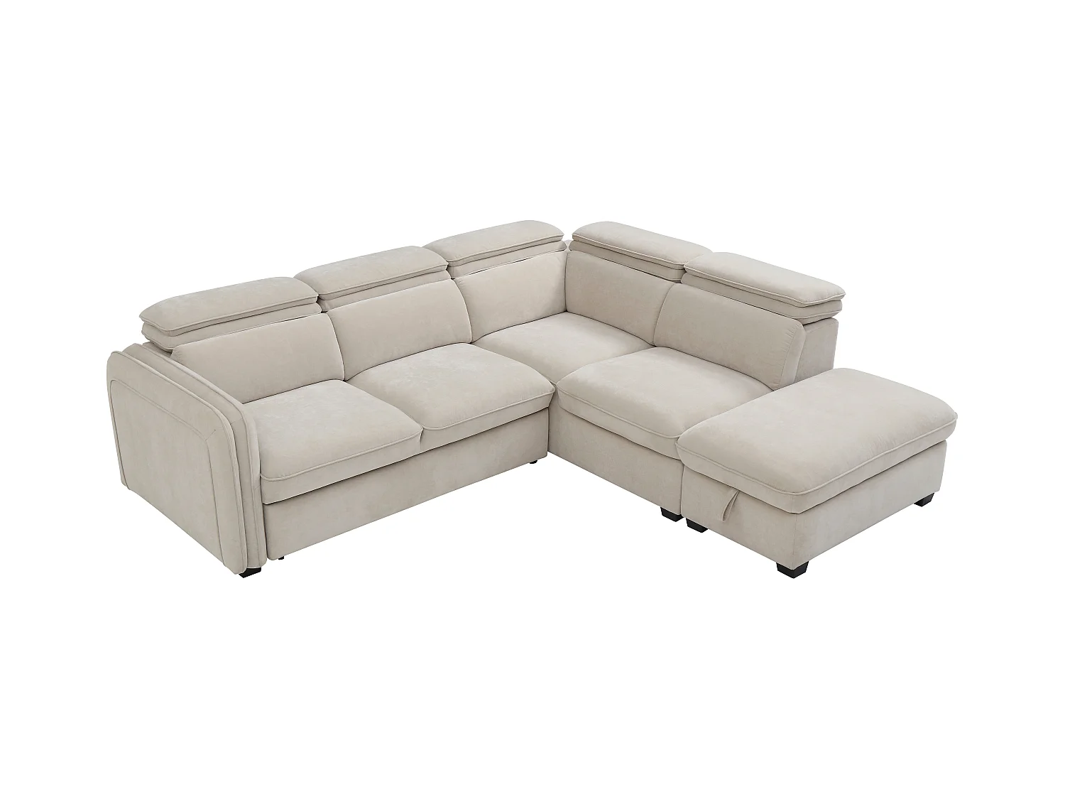 Slaapbank met hoek rechts en poef in beige stof - BALOTIA