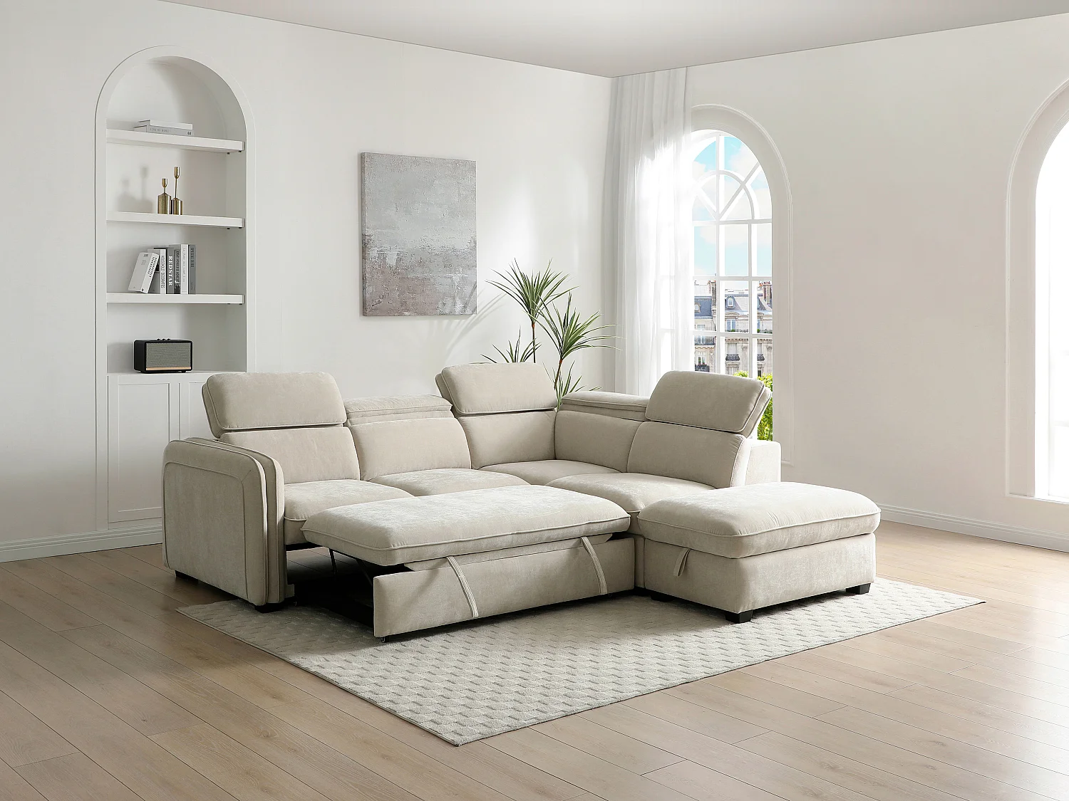 Canapé d'angle droit convertible et pouf en tissu beige BALOTIA