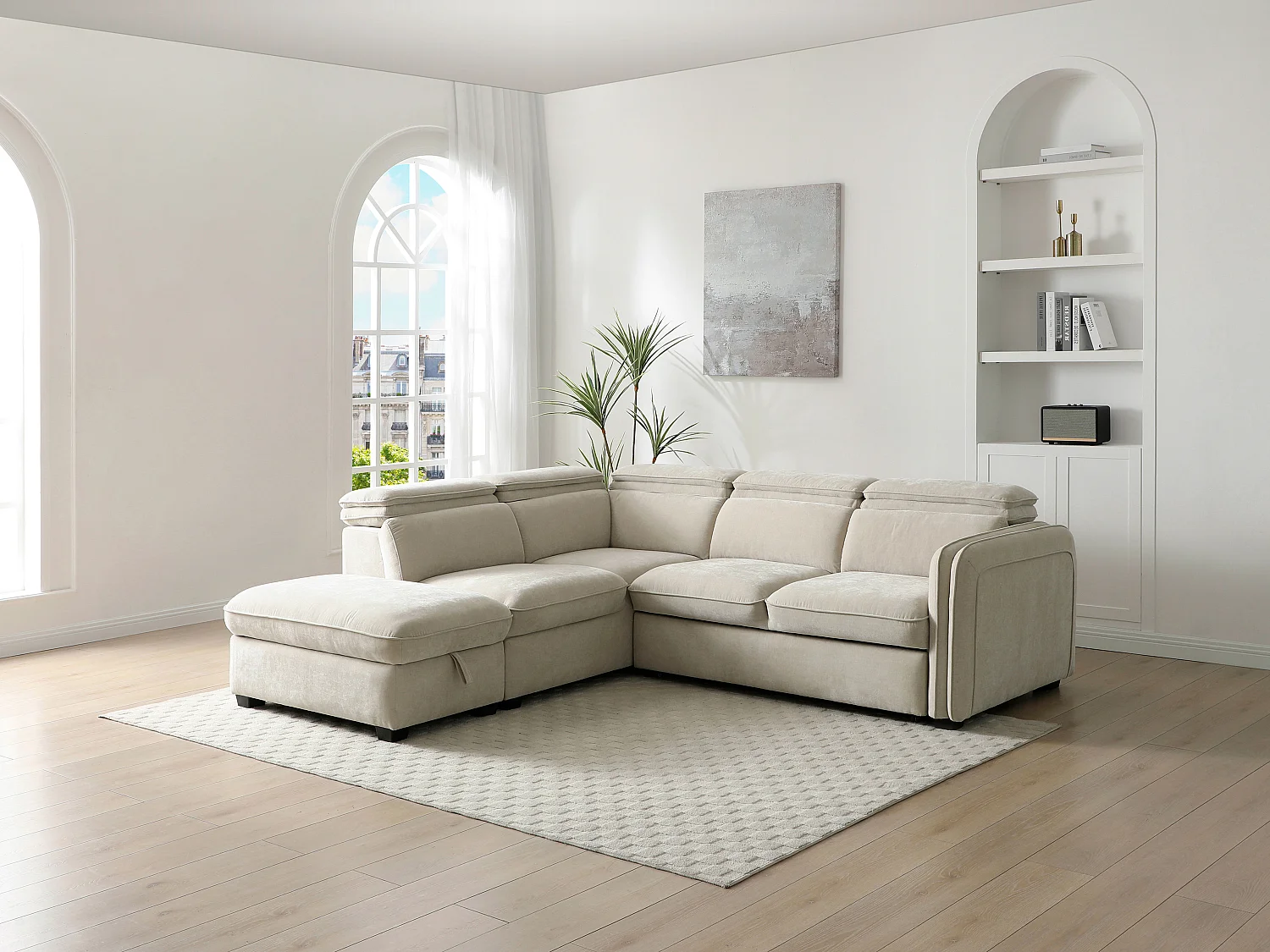 Canapé d'angle gauche convertible et pouf en tissu beige BALOTIA