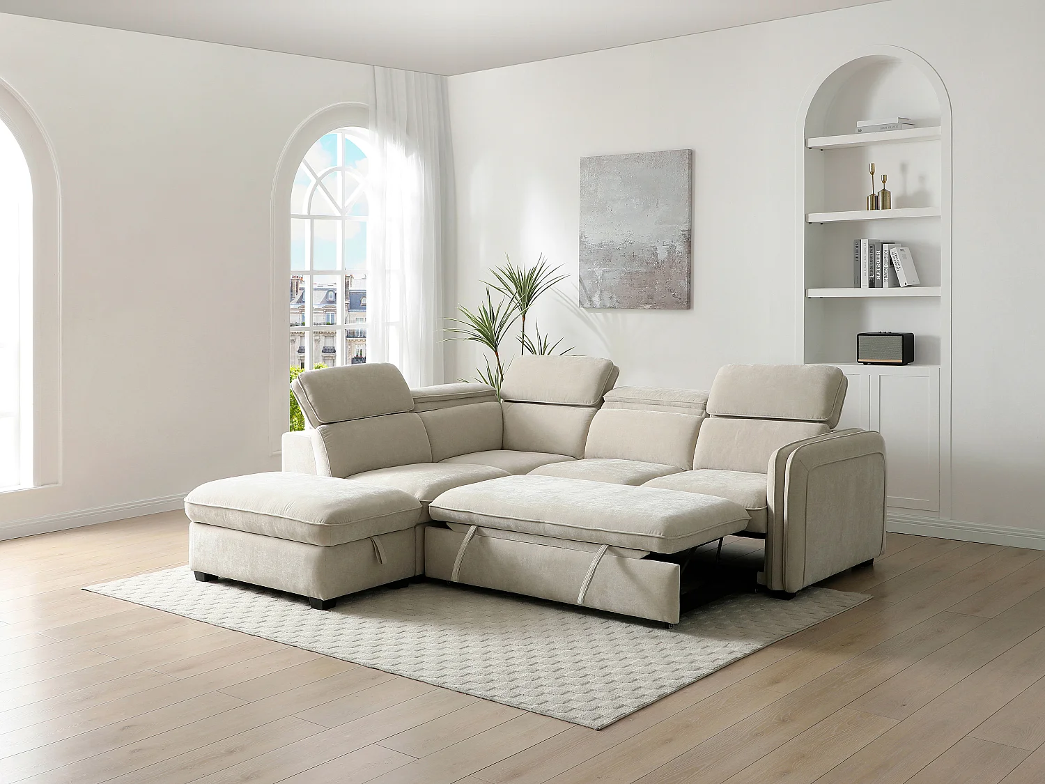 Ecksofa mit Schlaffunktion und Hocker - Stoff - Beige - BALOTIA