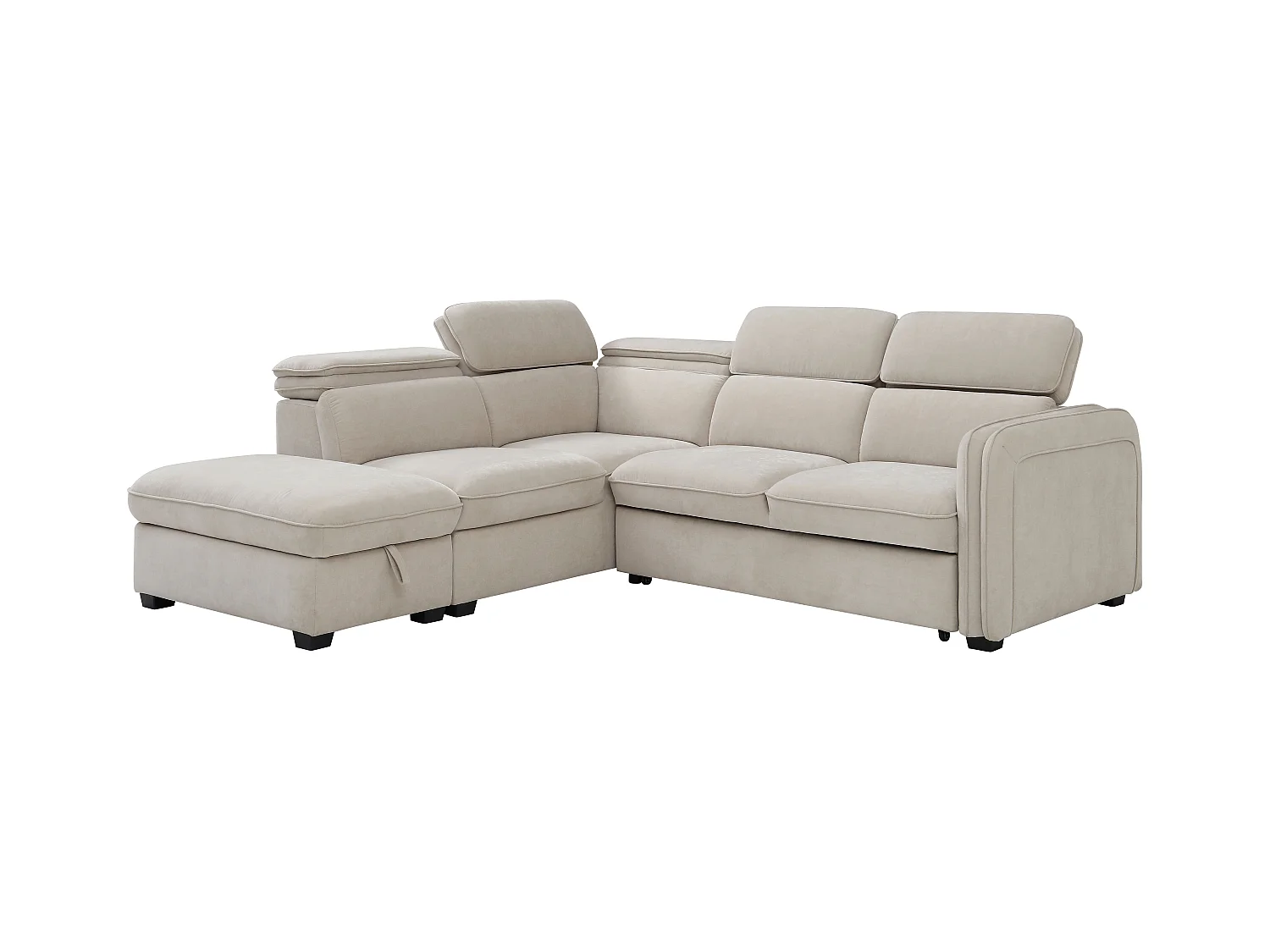 Slaapbank met hoek links en poef in beige stof - BALOTIA