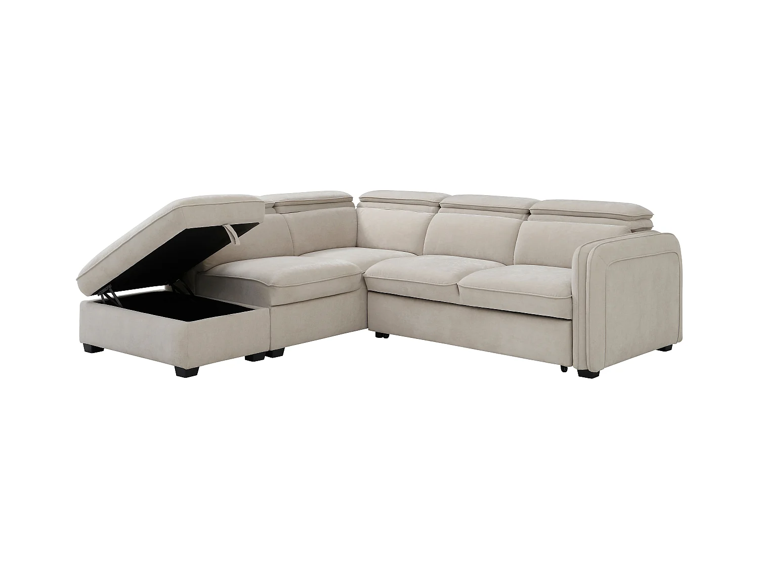 Slaapbank met hoek links en poef in beige stof - BALOTIA