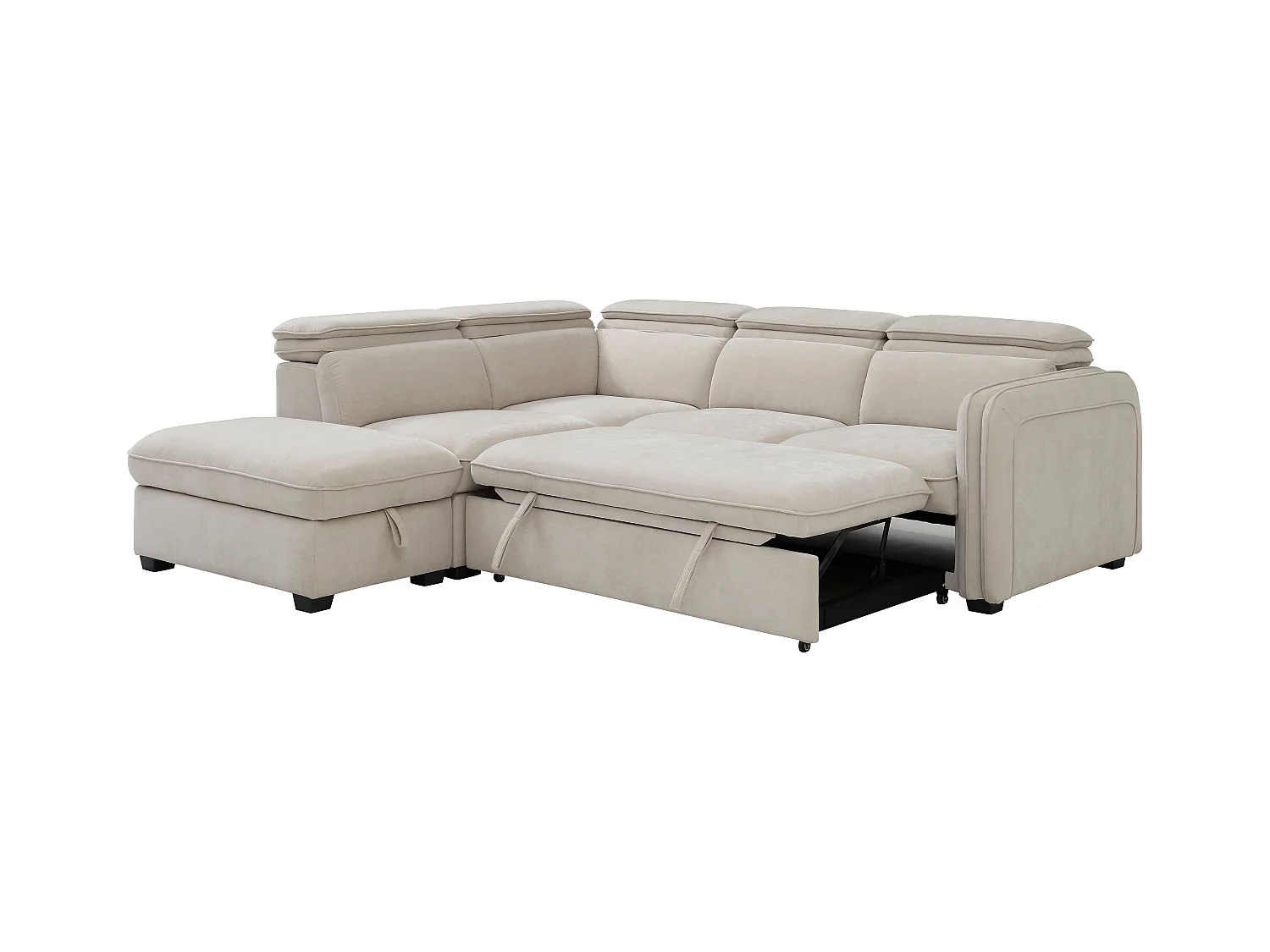 Slaapbank met hoek links en poef in beige stof - BALOTIA