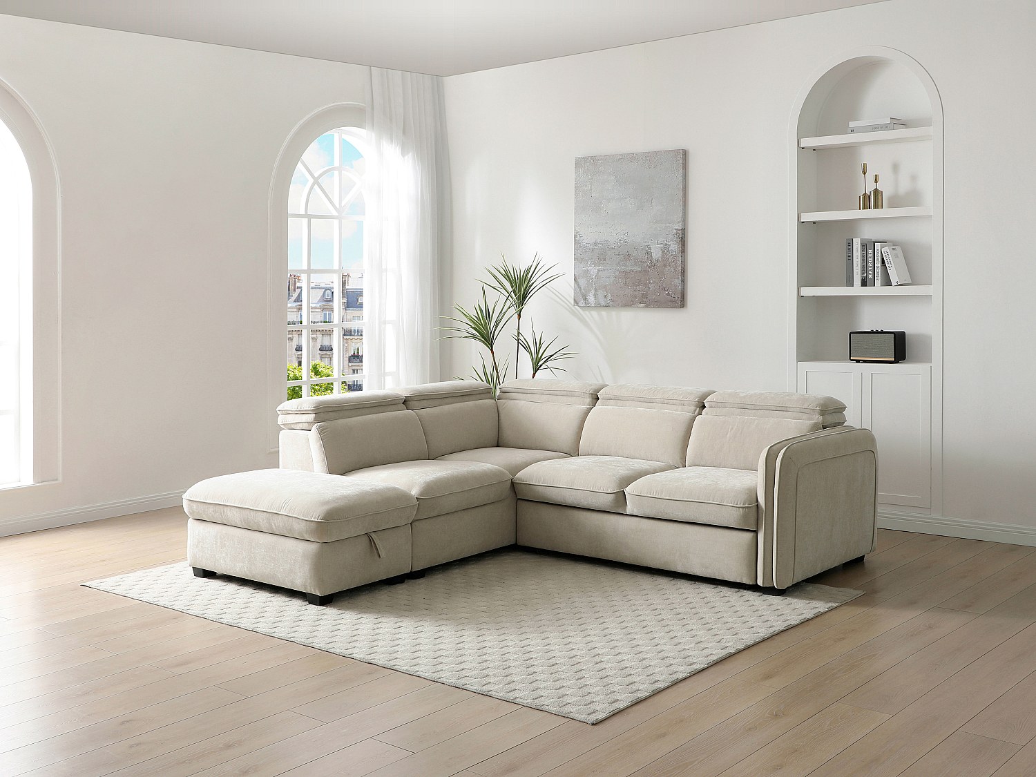 Ecksofa mit Schlaffunktion und Hocker - Stoff - Beige - BALOTIA günstig online kaufen
