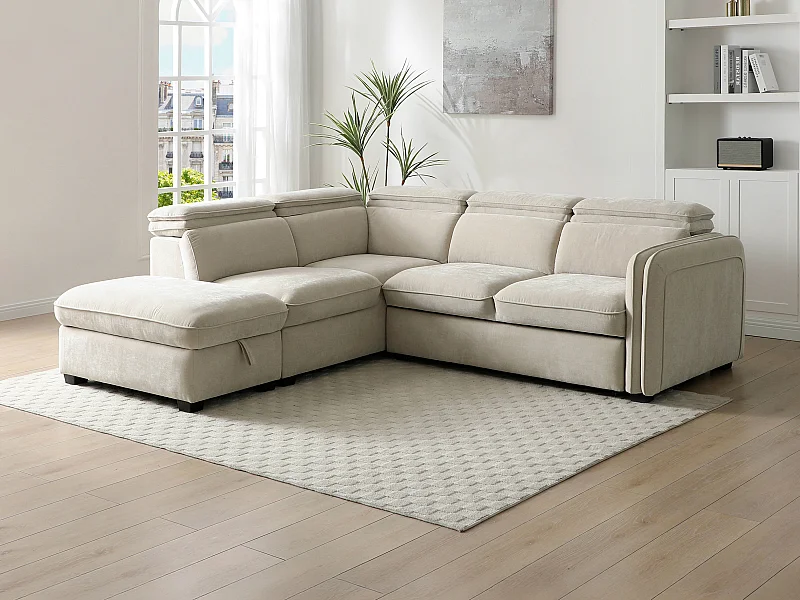 Vänsterställd bäddsoffa med puff i beige tyg BALOTIA