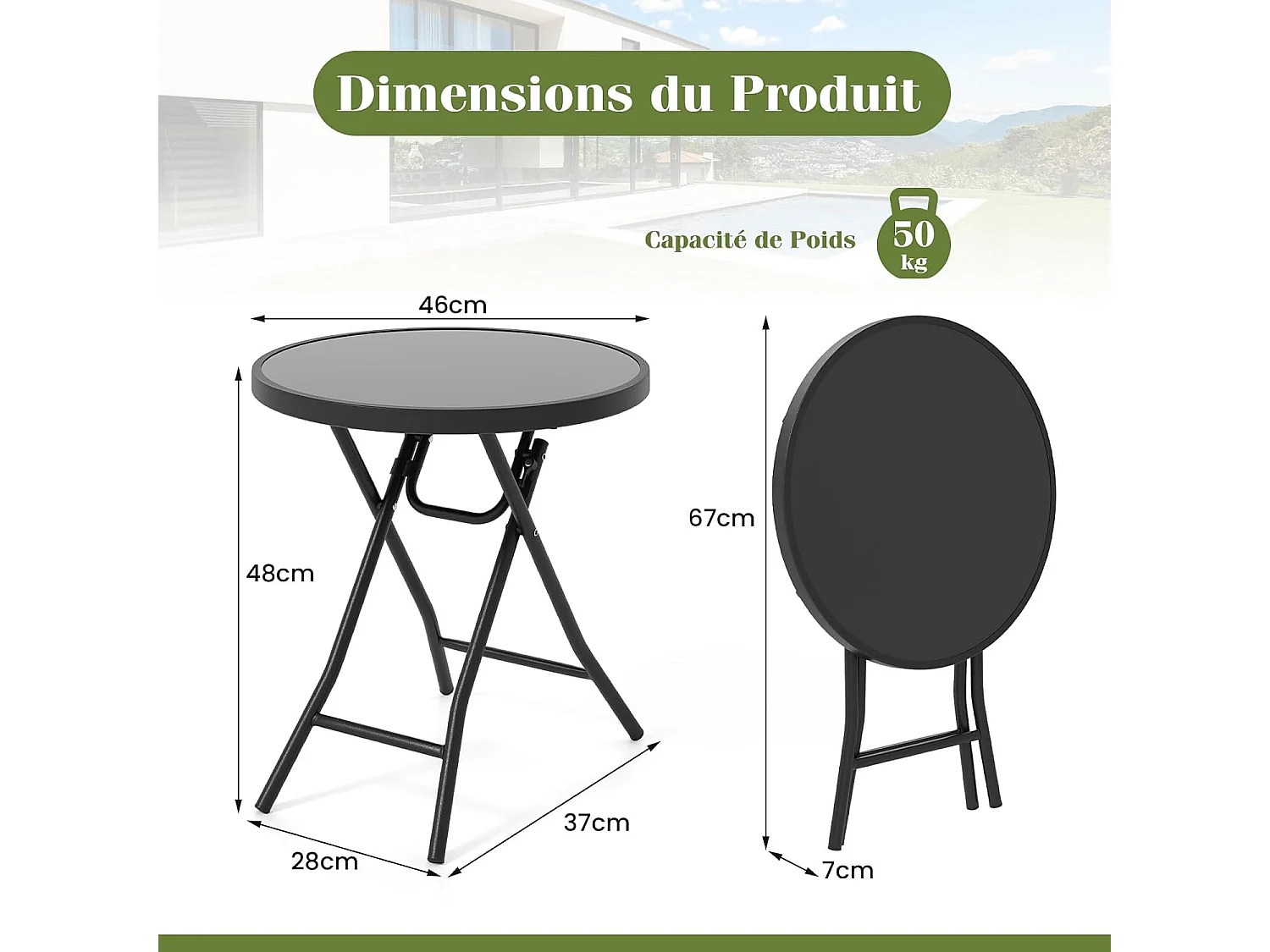 Ronde, opvouwbare bistrotafel voor in de tuin (46 cm), salontafel voor buiten met gehard glazen blad, stevig metalen frame, draagvermogen 50 kg (zwart)