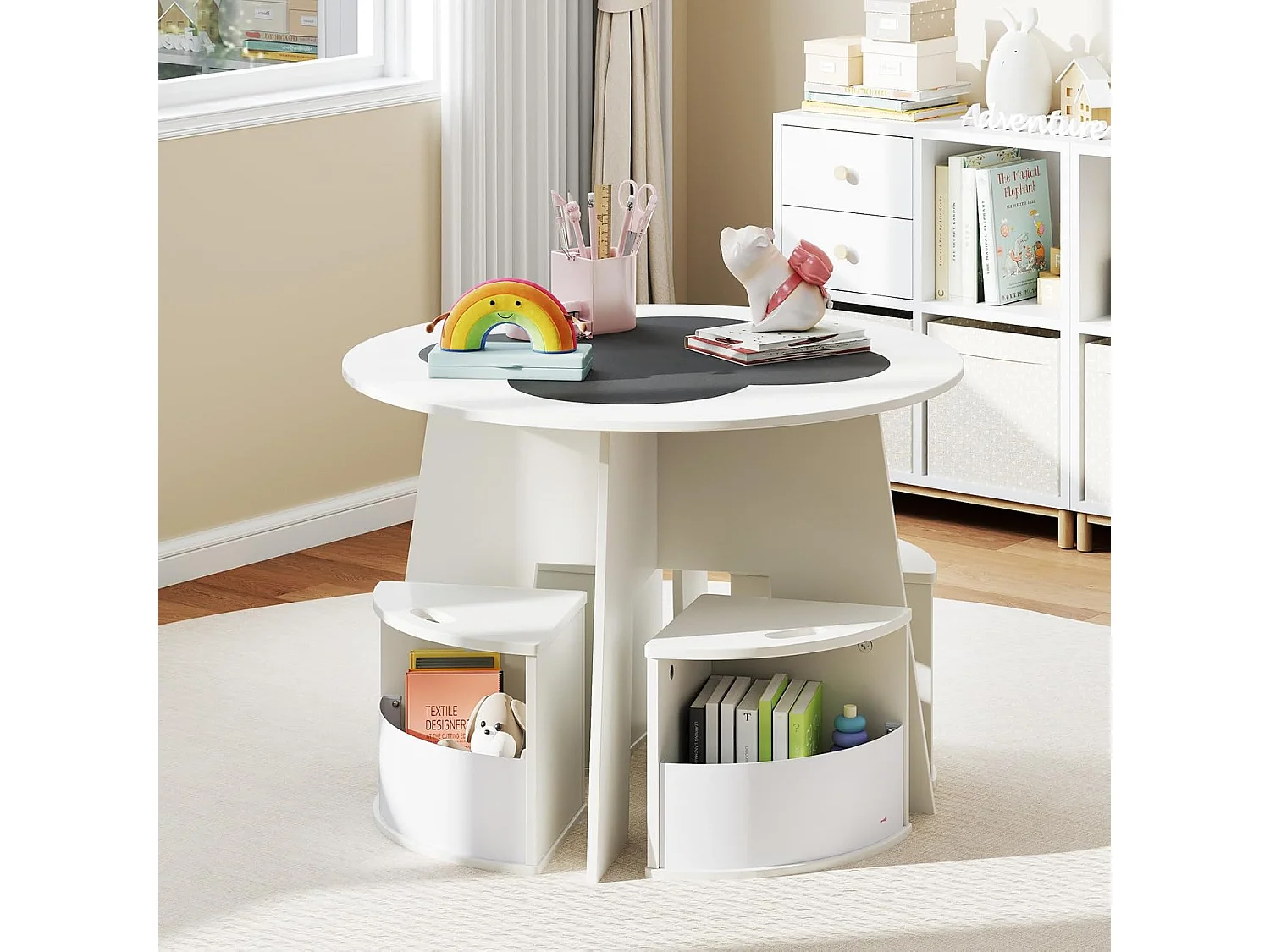 Table Enfant avec 4 Chaises Empilables, Table de Dessin en Bois avec Tableau en Forme Fleur, Espace de Rangment Intégré, pour Salle de Jeux Chambre d'Enfant (Blanc)