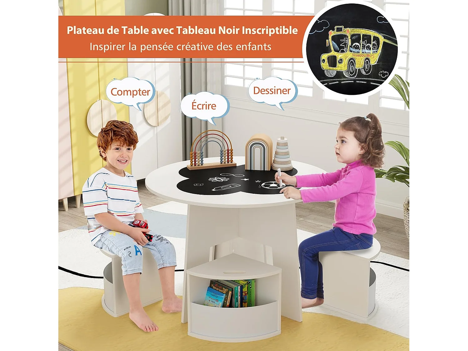 Table Enfant avec 4 Chaises Empilables, Table de Dessin en Bois avec Tableau en Forme Fleur, Espace de Rangment Intégré, pour Salle de Jeux Chambre d'Enfant (Blanc)