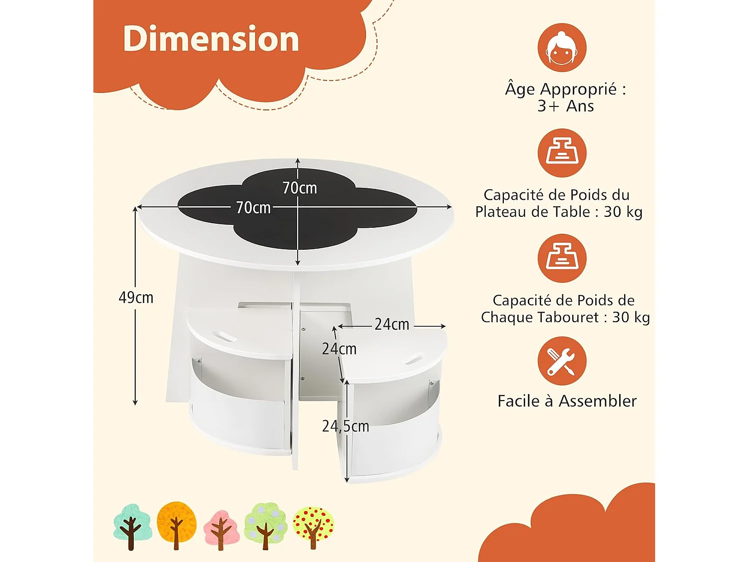Table Enfant avec 4 Chaises Empilables, Table de Dessin en Bois avec Tableau en Forme Fleur, Espace de Rangment Intégré, pour Salle de Jeux Chambre d'Enfant (Blanc)