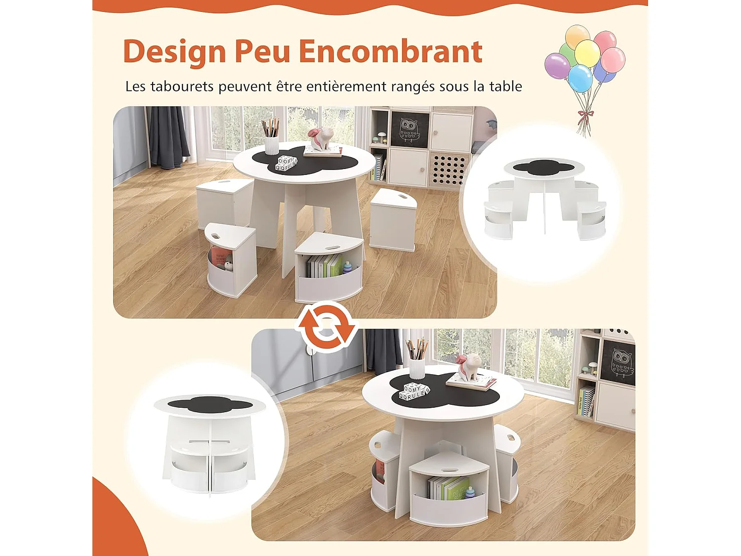 Table Enfant avec 4 Chaises Empilables, Table de Dessin en Bois avec Tableau en Forme Fleur, Espace de Rangment Intégré, pour Salle de Jeux Chambre d'Enfant (Blanc)