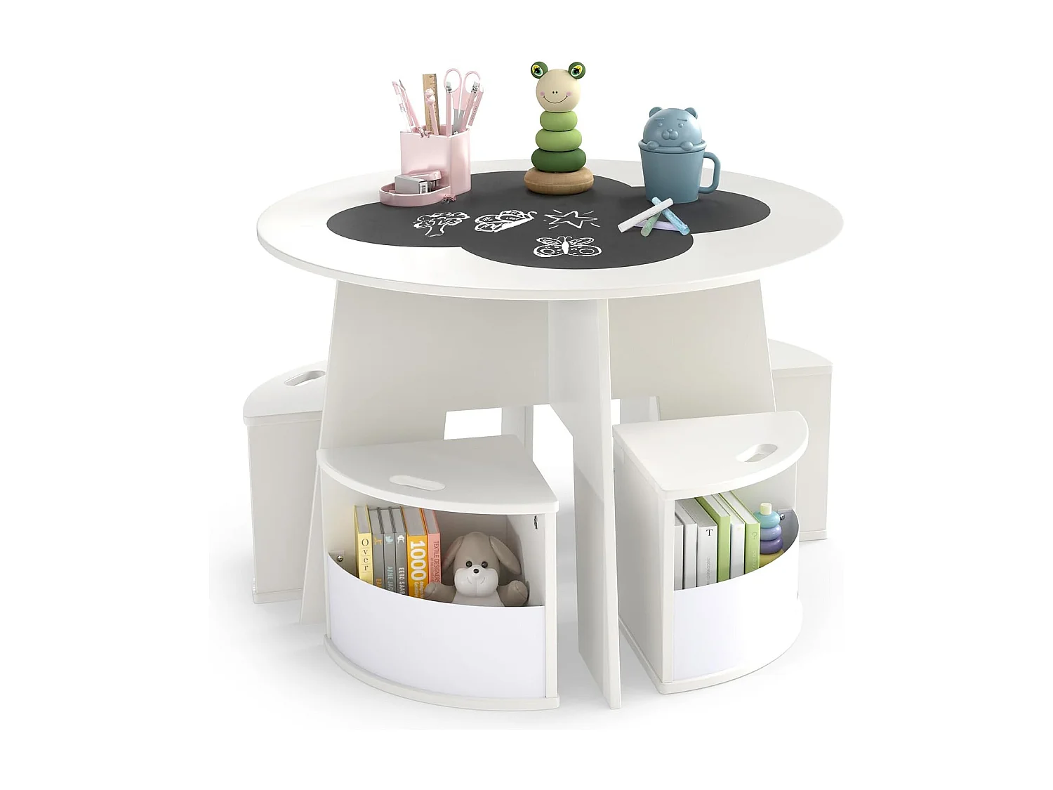 Table Enfant avec 4 Chaises Empilables, Table de Dessin en Bois avec Tableau en Forme Fleur, Espace de Rangment Intégré, pour Salle de Jeux Chambre d'Enfant (Blanc)