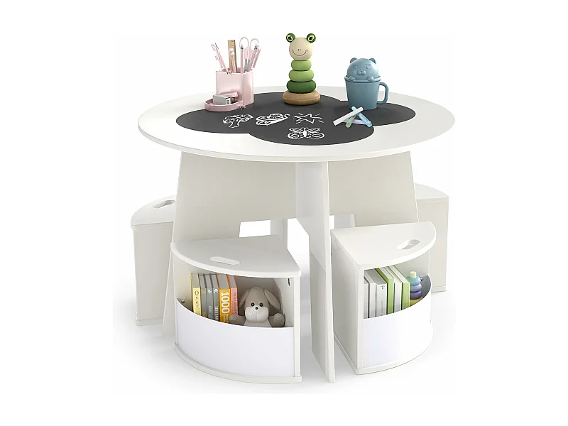Table Enfant avec 4 Chaises Empilables, Table de Dessin en Bois avec Tableau en Forme Fleur, Espace de Rangment Intégré, pour Salle de Jeux Chambre d'Enfant (Blanc)