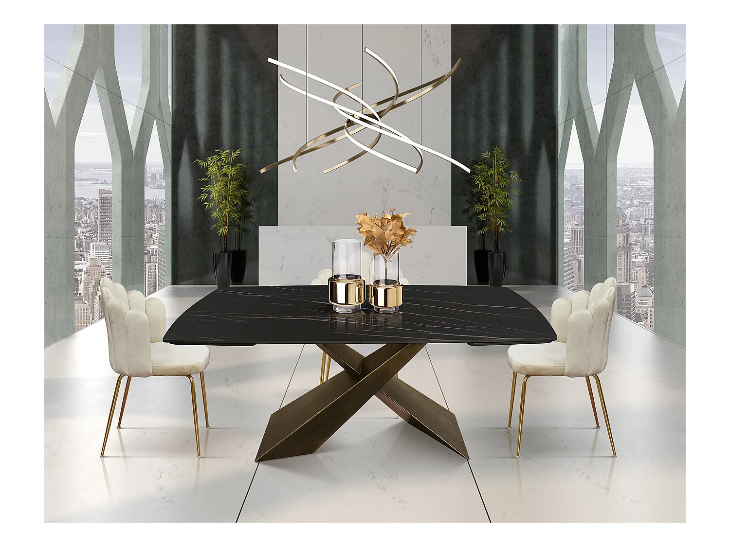 Tavolo allungabile Carlo,Piano in ceramica matt golden nero, gambe in metallo bronzo a X, 180x90 cm