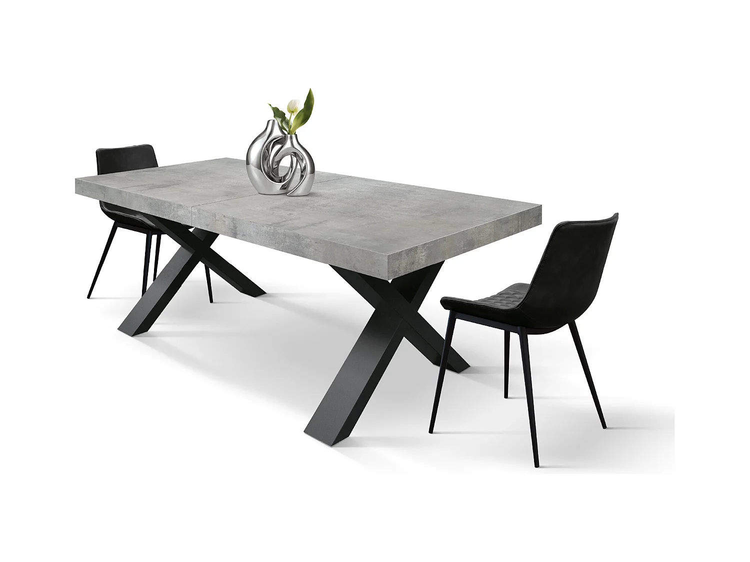Tavolo Allungabile Pantaleo, Gambe Incrociate a X, Made in Italy, Basamento nero, Grigio cemento, 180x90x76 cm