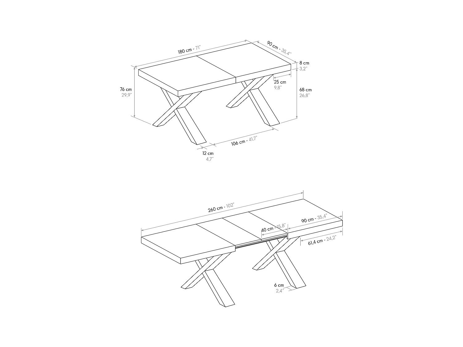 Tavolo Allungabile Pantaleo, Gambe Incrociate a X, Made in Italy, Basamento nero, Grigio cemento, 180x90x76 cm