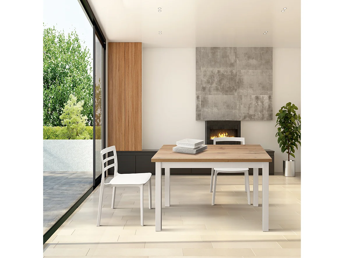 Tavolo allungabile Guido, Rovere Rustico, Nobilitato melaminico, Made in Italy, Basamento Bianco, 140 x 80 x 76,5 cm