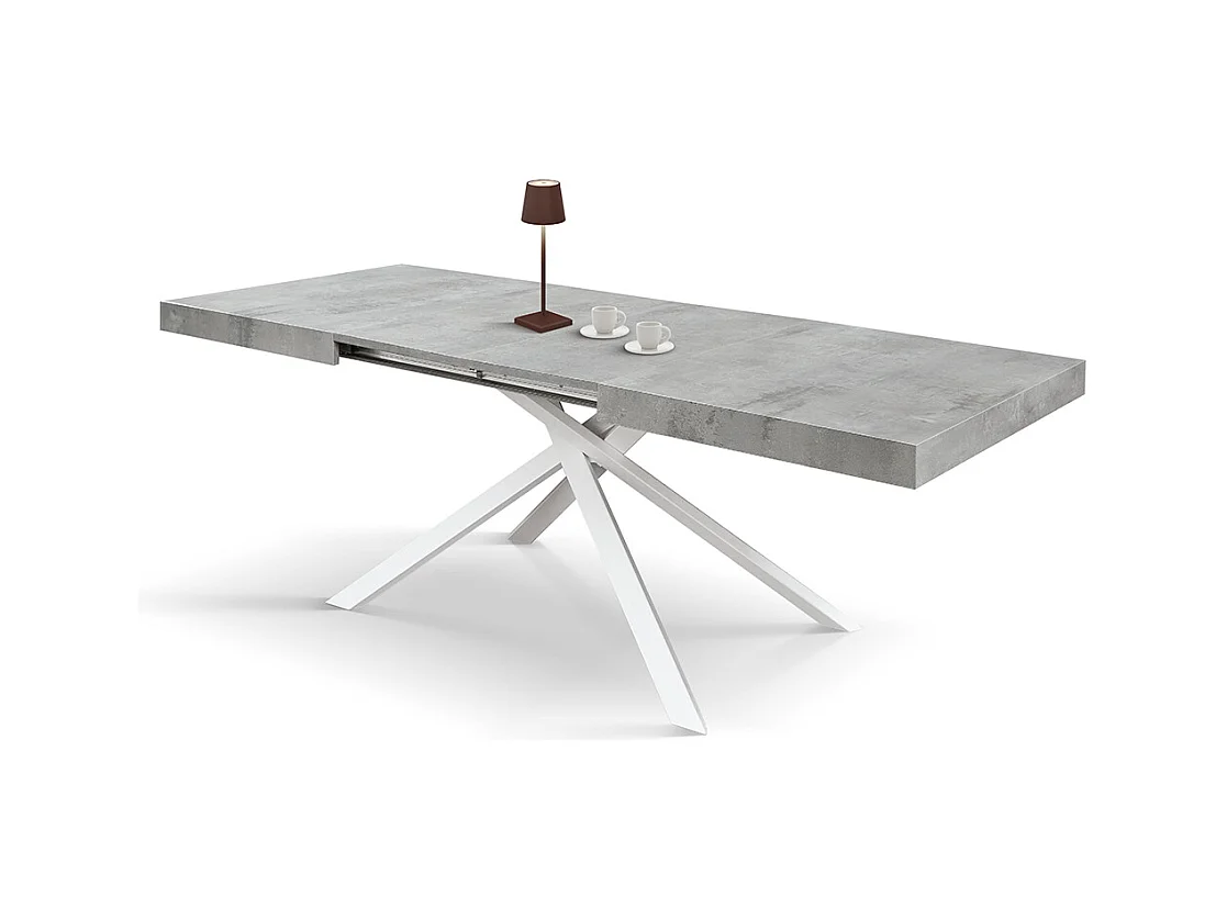 Tavolo Allungabile Elise, Gambe Incrociate, Made in Italy, 160 x 90 x 74 cm, Grigio Cemento con Gamba Bianca