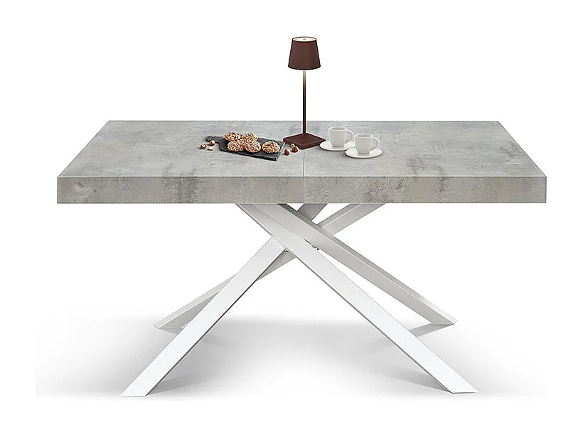 Tavolo Allungabile Elise, Gambe Incrociate, Made in Italy, 160 x 90 x 74 cm, Grigio Cemento con Gamba Bianca