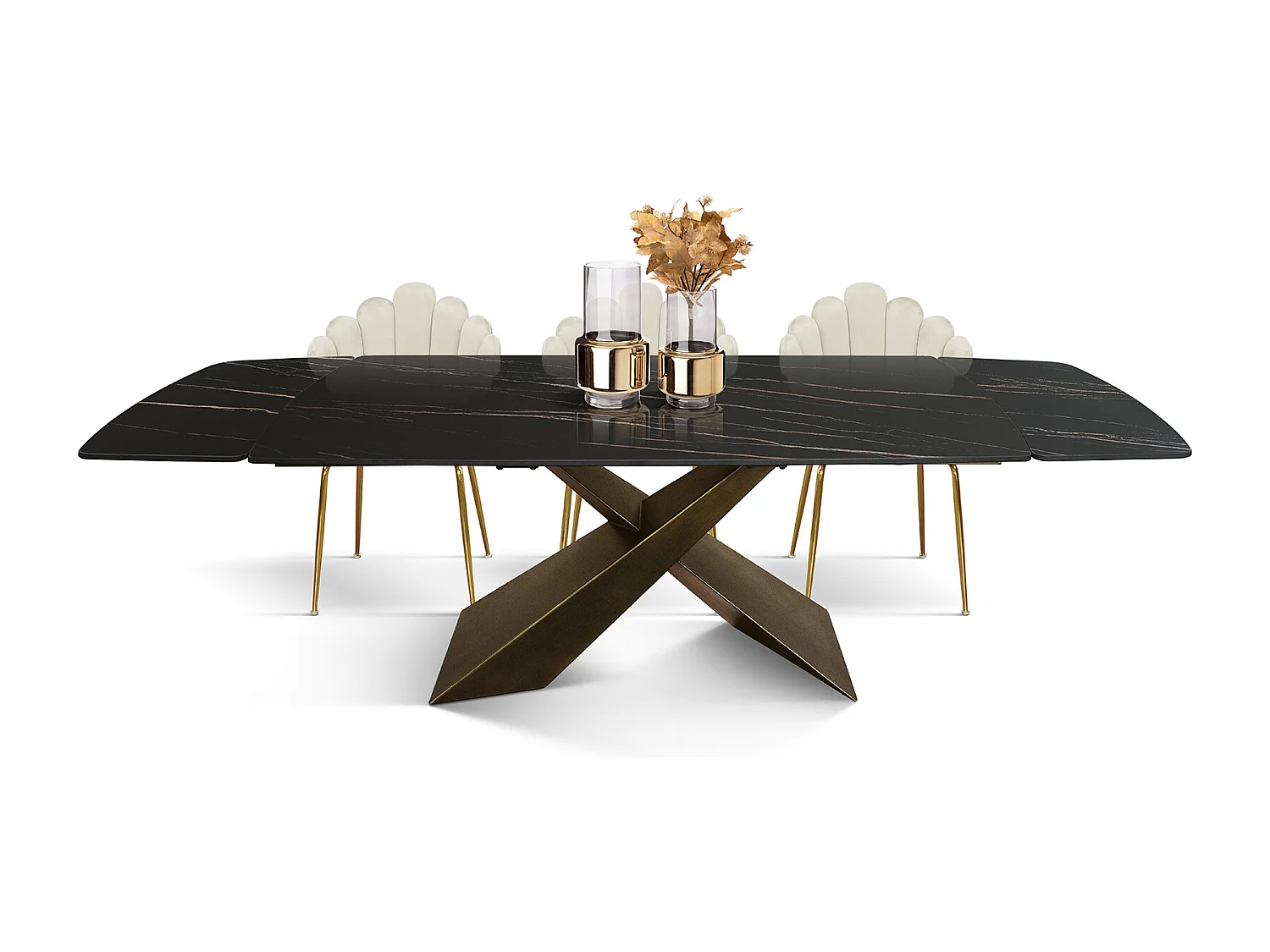 Tavolo allungabile Daniele,Piano in ceramica matt golden nero, gambe in metallo bronzo a X, 160x90 cm