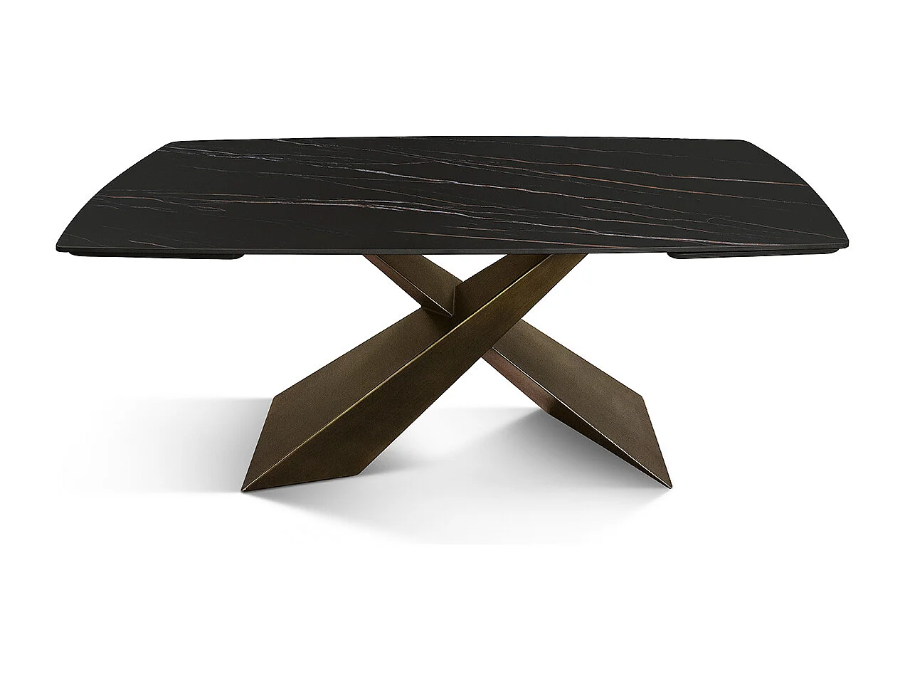 Tavolo allungabile Daniele,Piano in ceramica matt golden nero, gambe in metallo bronzo a X, 160x90 cm