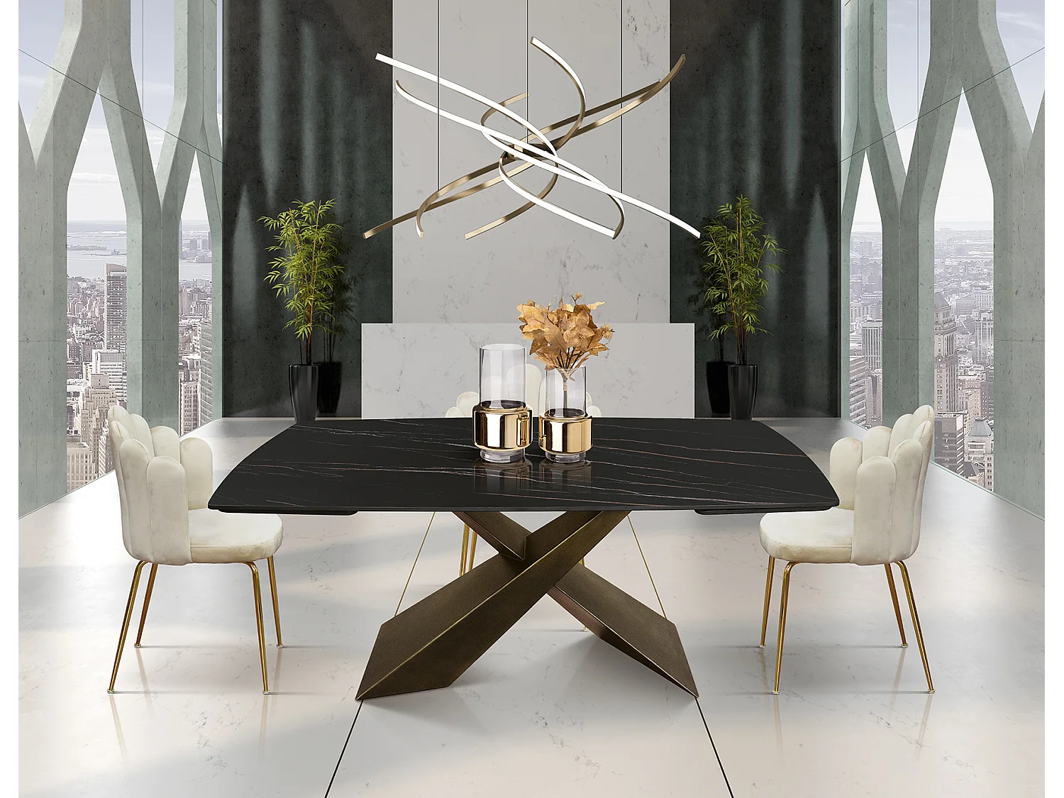 Tavolo allungabile Daniele,Piano in ceramica matt golden nero, gambe in metallo bronzo a X, 160x90 cm