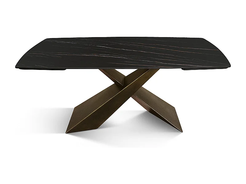 Tavolo allungabile Daniele,Piano in ceramica matt golden nero, gambe in metallo bronzo a X, 160x90 cm