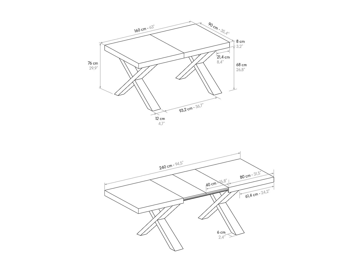 Tavolo Allungabile Iride, Gambe Incrociate a X, Made in Italy, Basamento cemento, Grigio cemento, 160x90x76 cm