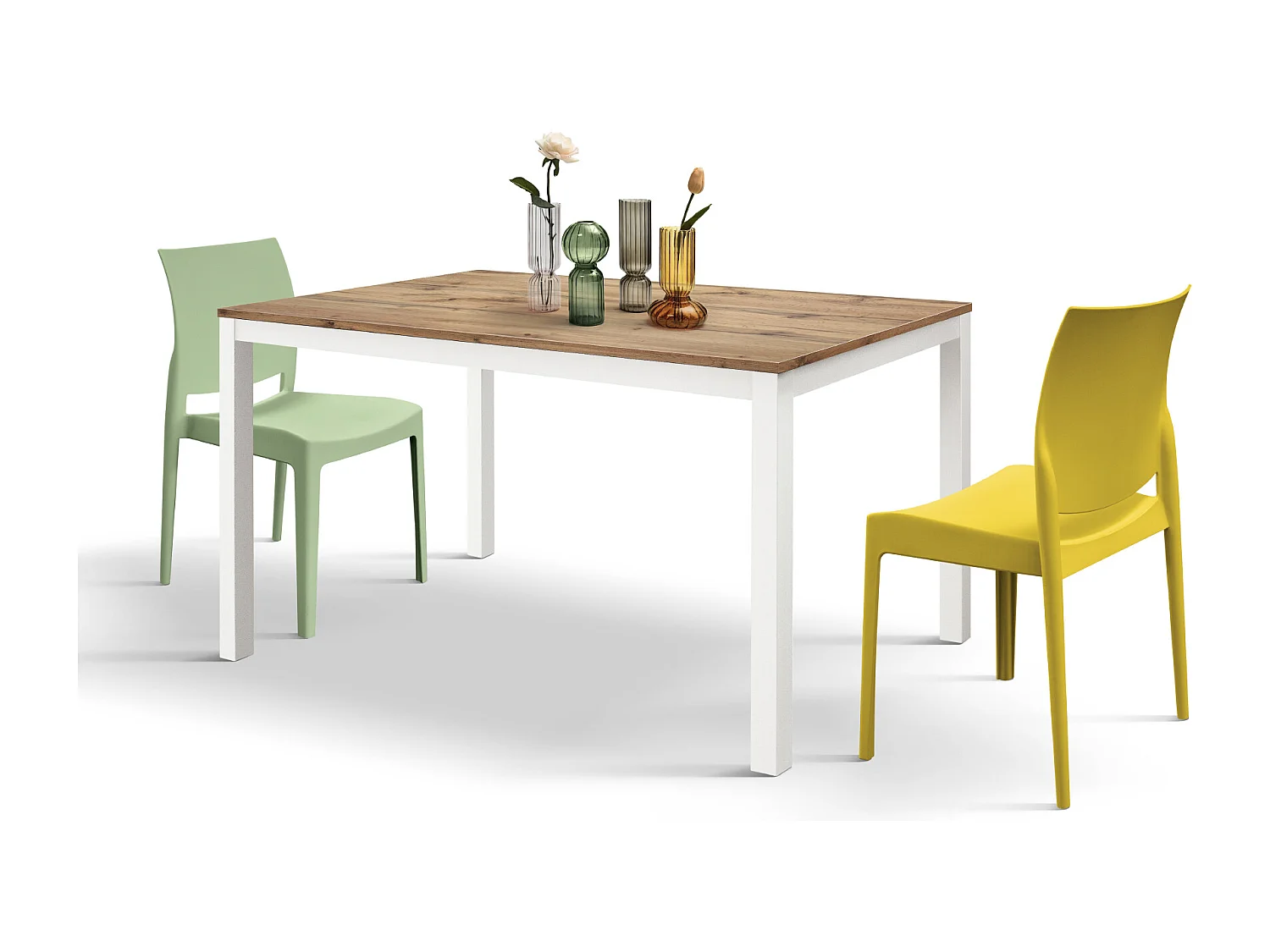 Tavolo allungabile Michelle, Top nobilitato, Base Metallo,Made in Italy, Basamento bianco, Rovere rustico, 120x80x75 cm