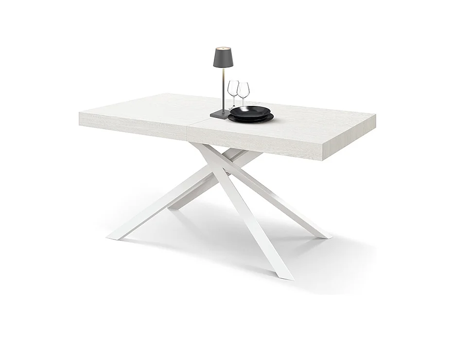 Tavolo Allungabile Filippo, Gambe Incrociate, Made in Italy, 160 x 90 x 74 cm, Bianco Frassininato con Gamba Bianca