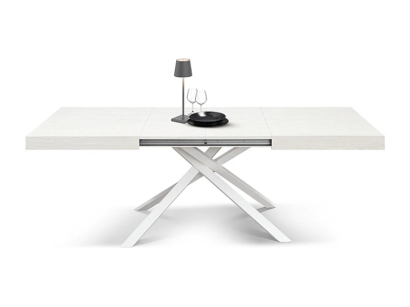 Tavolo Allungabile Filippo, Gambe Incrociate, Made in Italy, 160 x 90 x 74 cm, Bianco Frassininato con Gamba Bianca