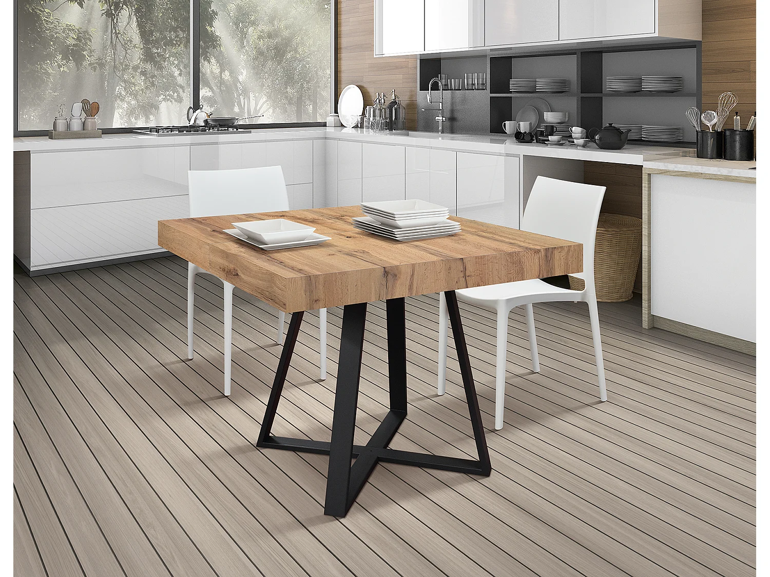 Tavolo Allungabile Bruno, Gambe Incrociate Nere, Tavolo Cucina, Tavolo Sala Da Pranzo, Tavolo Estensibile, Rovere rustico, 95x90x75.5 cm