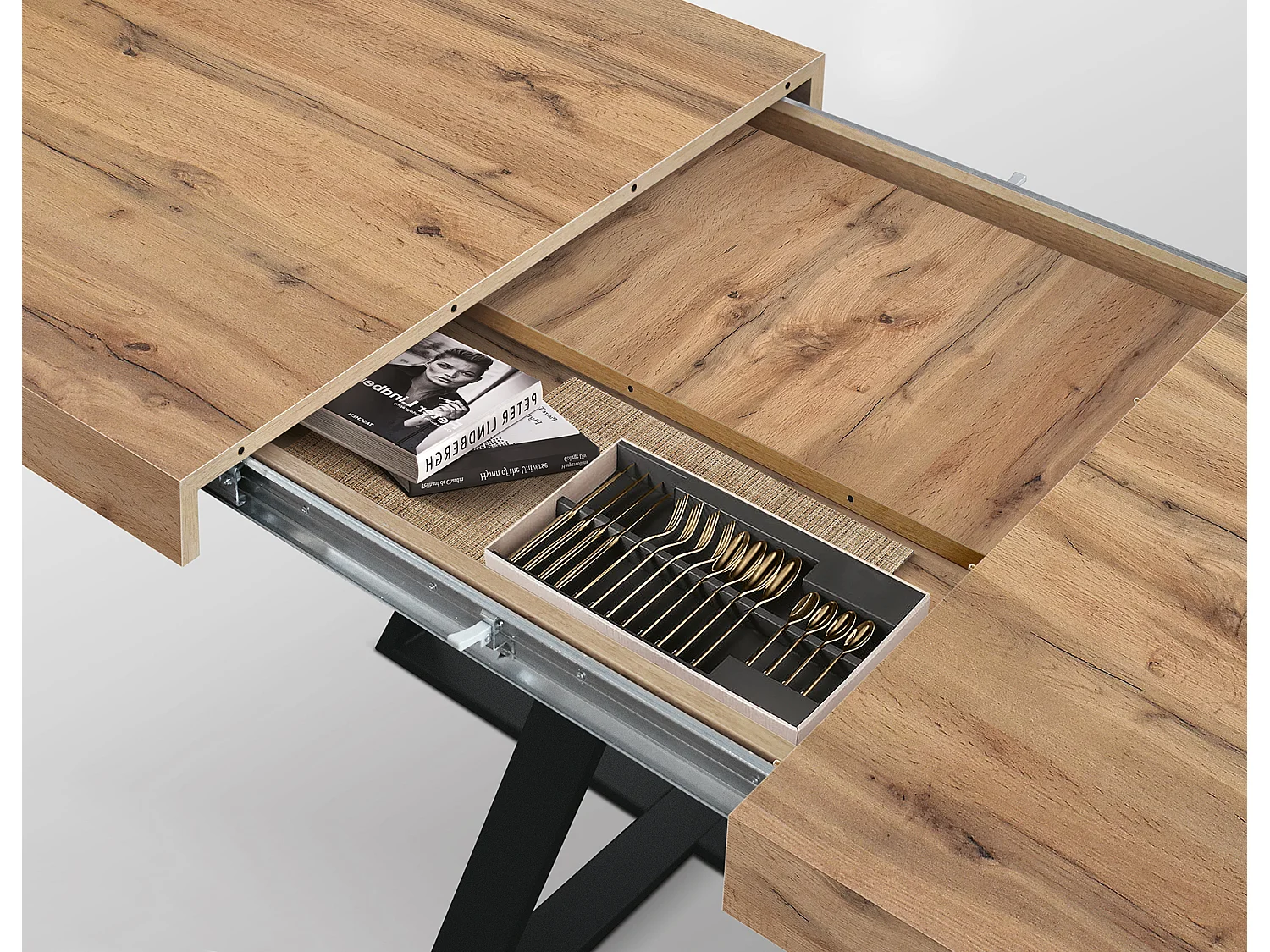 Tavolo Allungabile Bruno, Gambe Incrociate Nere, Tavolo Cucina, Tavolo Sala Da Pranzo, Tavolo Estensibile, Rovere rustico, 95x90x75.5 cm