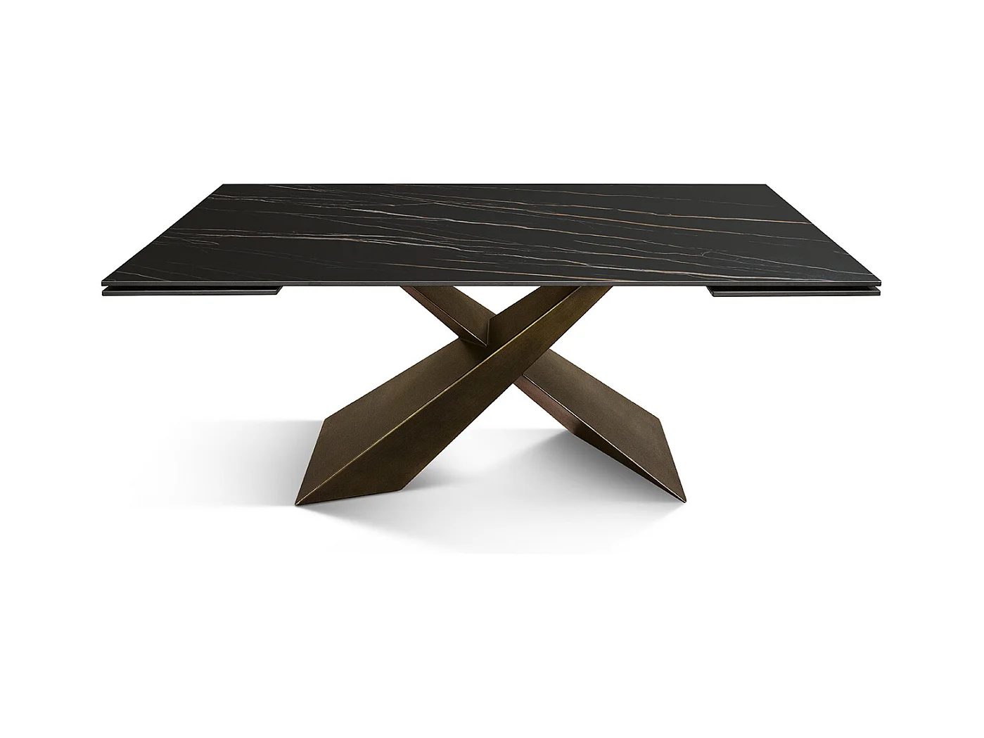 Tavolo allungabile Romeo,Piano in ceramica matt golden nero, gambe in metallo bronzo a X, 180x90 cm