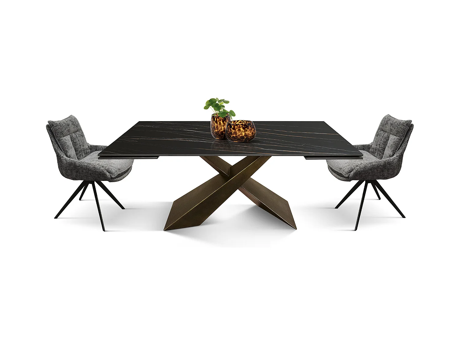 Tavolo allungabile Romeo,Piano in ceramica matt golden nero, gambe in metallo bronzo a X, 180x90 cm