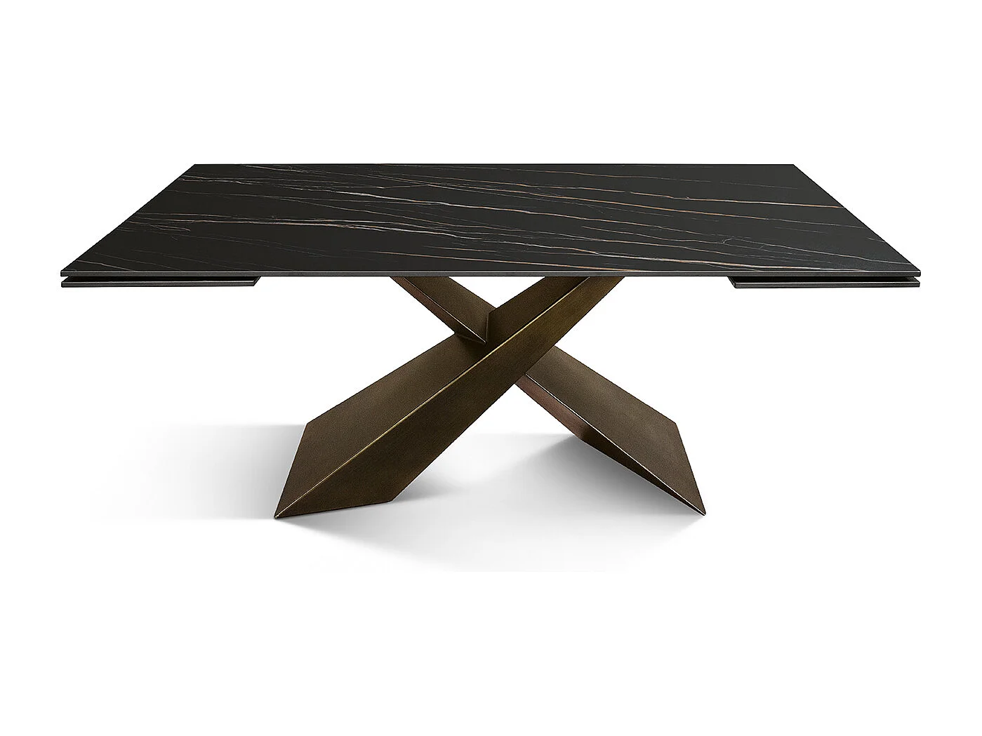 Tavolo allungabile Romeo,Piano in ceramica matt golden nero, gambe in metallo bronzo a X, 180x90 cm