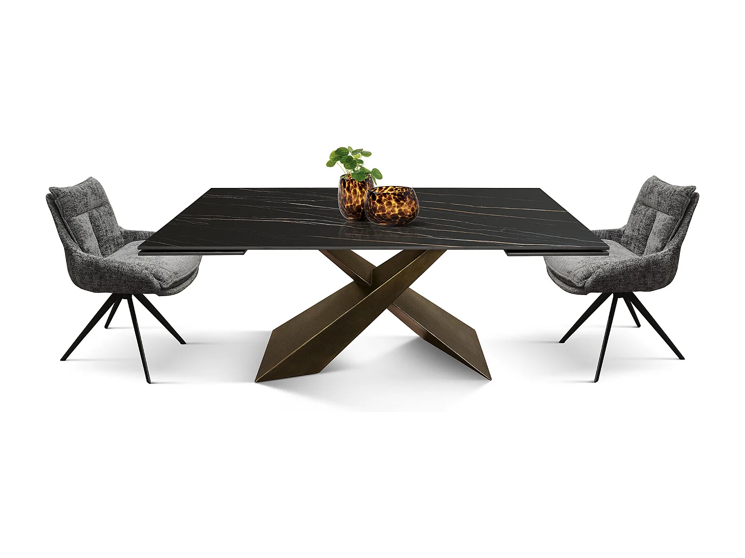 Tavolo allungabile Romeo,Piano in ceramica matt golden nero, gambe in metallo bronzo a X, 180x90 cm