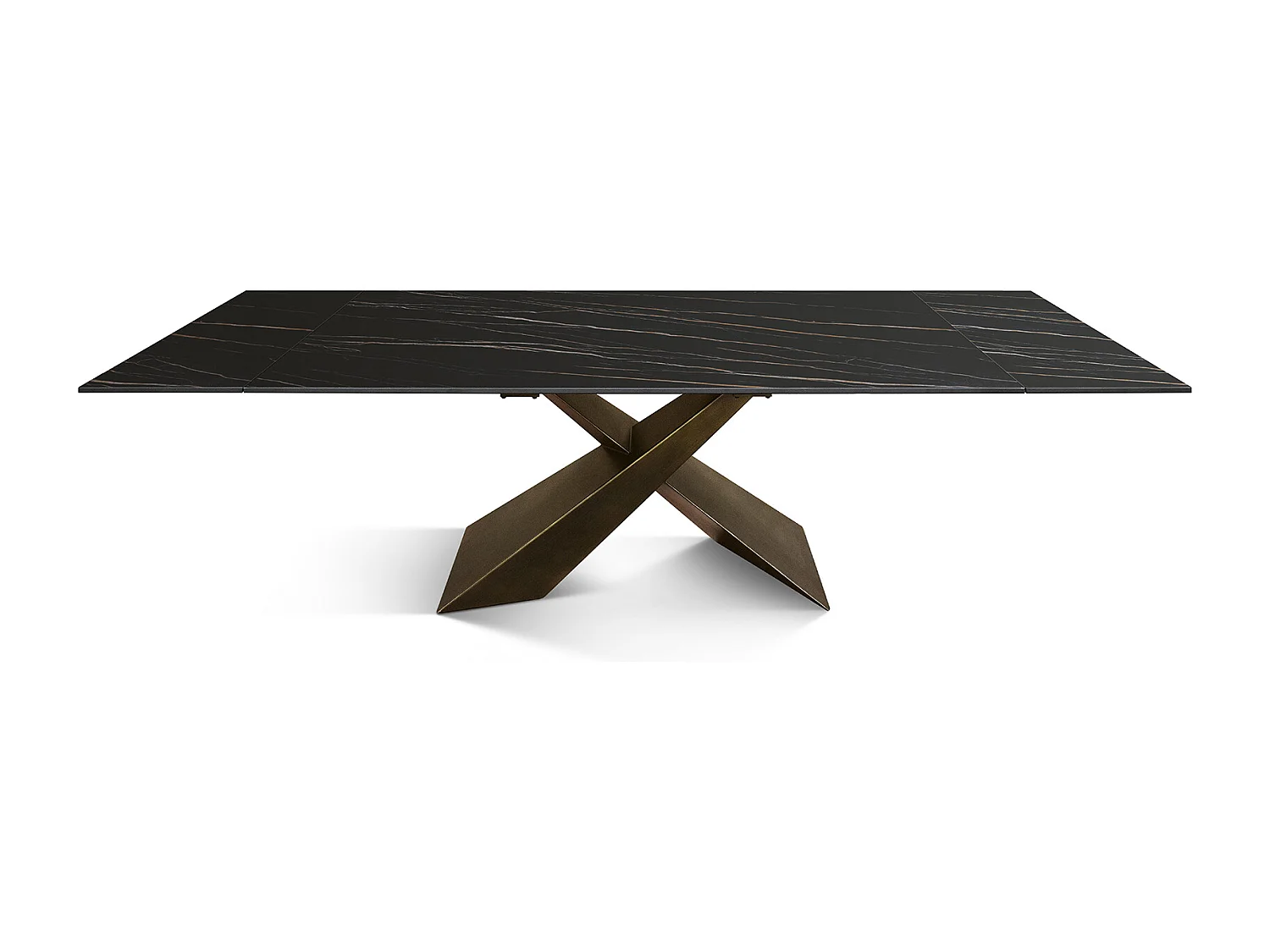 Tavolo allungabile Romeo,Piano in ceramica matt golden nero, gambe in metallo bronzo a X, 180x90 cm