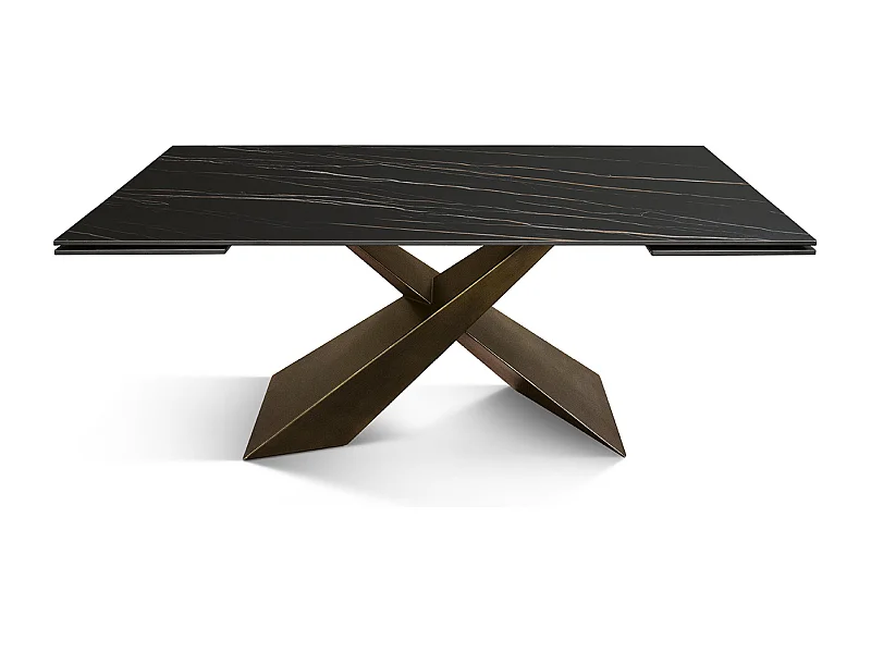 Tavolo allungabile Romeo,Piano in ceramica matt golden nero, gambe in metallo bronzo a X, 180x90 cm