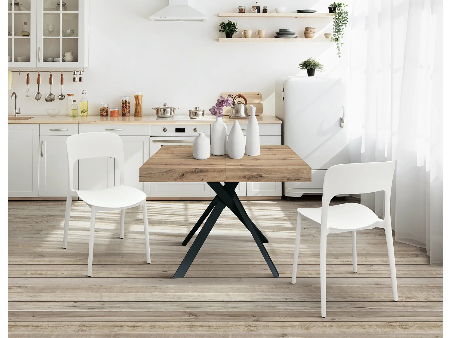 Tavolo Allungabile Leonardo, Gambe Incrociate Nere, Made In Italy, Rovere Rustico, Tavolo Cucina, Tavolo Sala Da Pranzo, Tavolo Estensibile, 95x90x76 cm