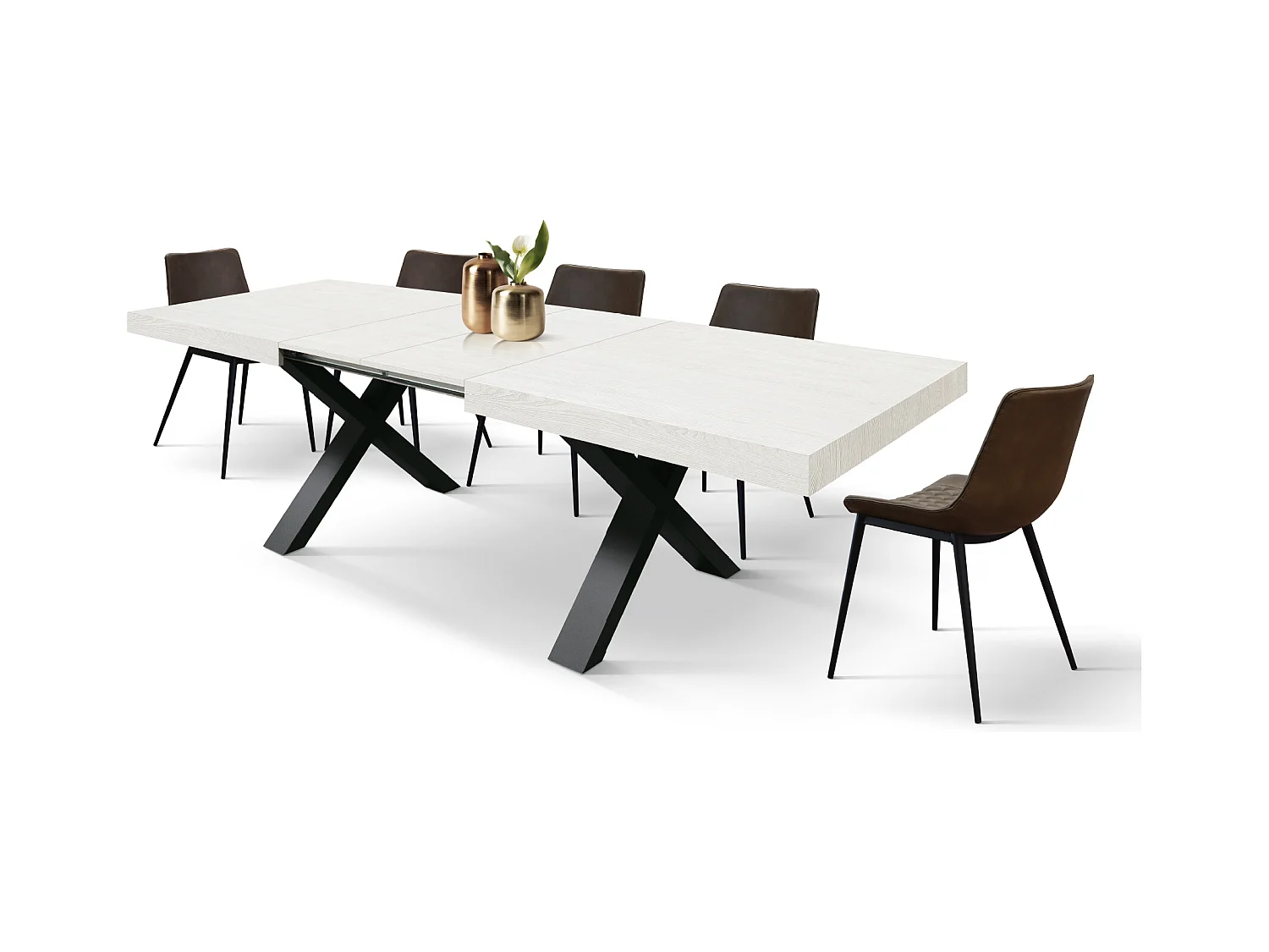 Tavolo Allungabile Nadir, Gambe Incrociate a X, Made in Italy, Basamento nero, Bianco frassinato, 160x90x76 cm